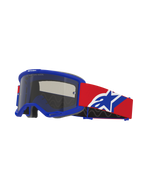 Alpinestars Vision Sand Goggles, Motocross Goggles, Blue frame with Dark Smoke lens, Red strap with Blue and White logo, off-road eye protection with specialized vent foam for desert riding