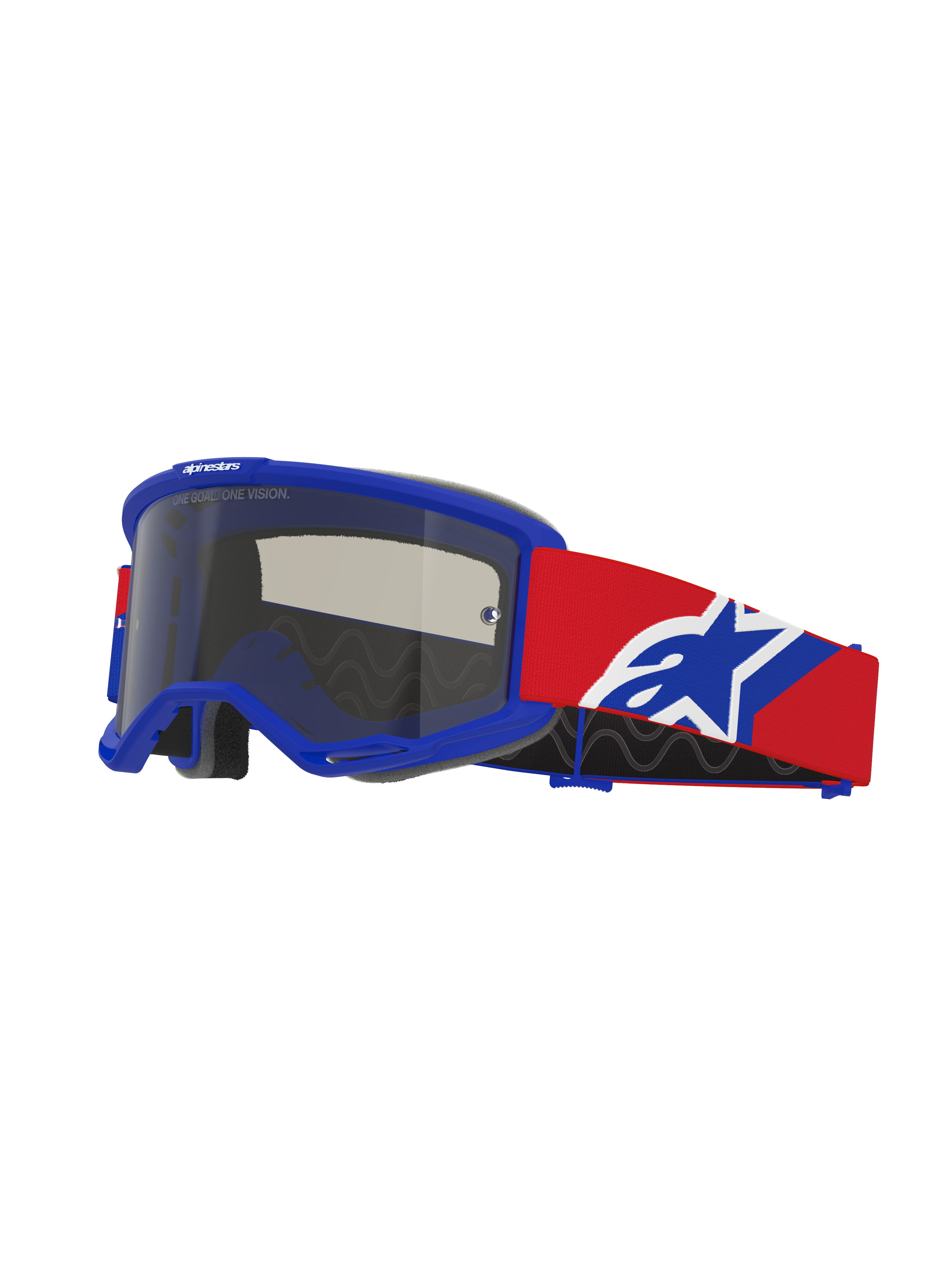 Alpinestars Vision Sand Goggles, óculos de motocross, armação azul com lente de fumo escuro, fita vermelha com logótipo azul e branco, proteção ocular off-road com espuma de ventilação especializada para condução no deserto