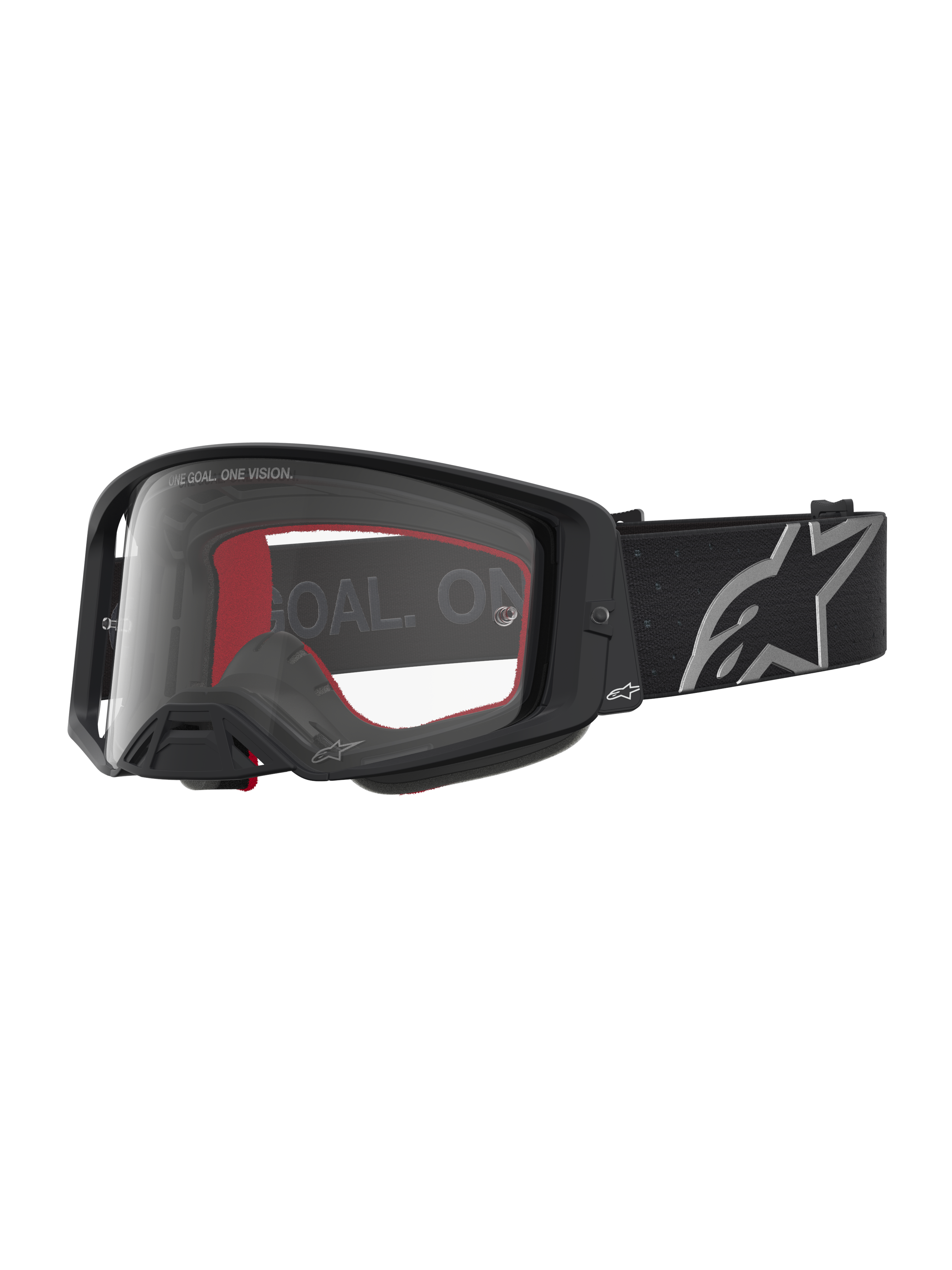 Alpinestars Supertech Vesta, óculos de motocross pretos mate e prateados com lente transparente para todo-o-terreno.