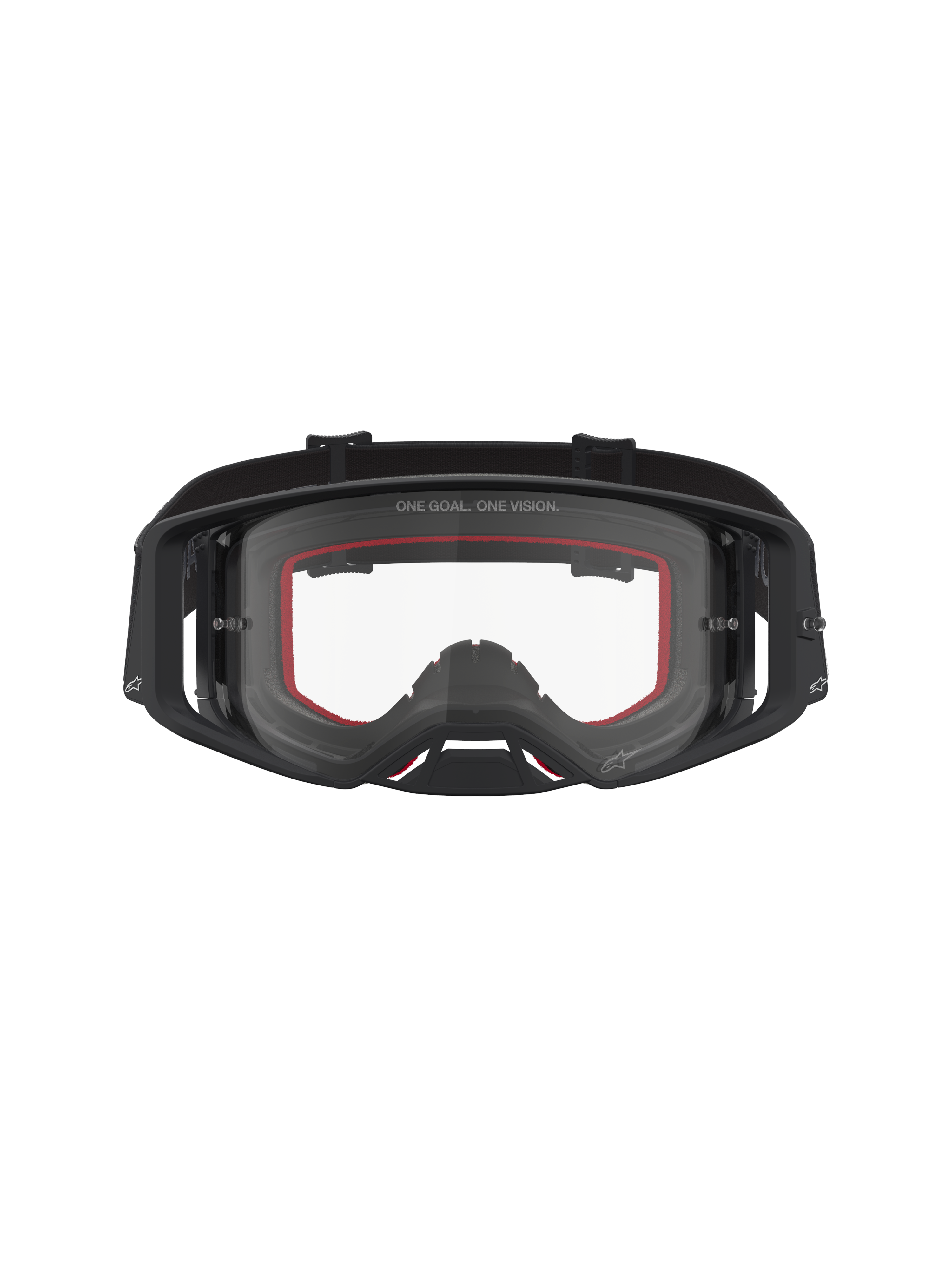Alpinestars Supertech Vesta, óculos de motocross todo-o-terreno, pretos e prateados mate, lente transparente e visão nítida.