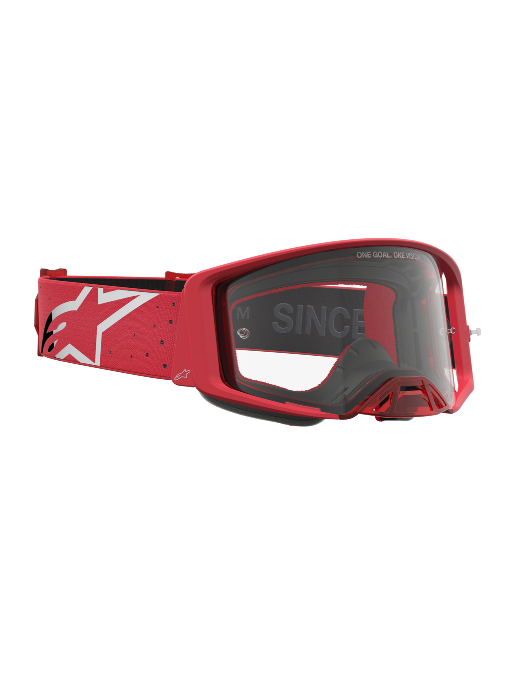 Alpinestars Supertech Vesta, óculos de motocross vermelhos e brancos, com lente transparente e fita com logótipo Astars.