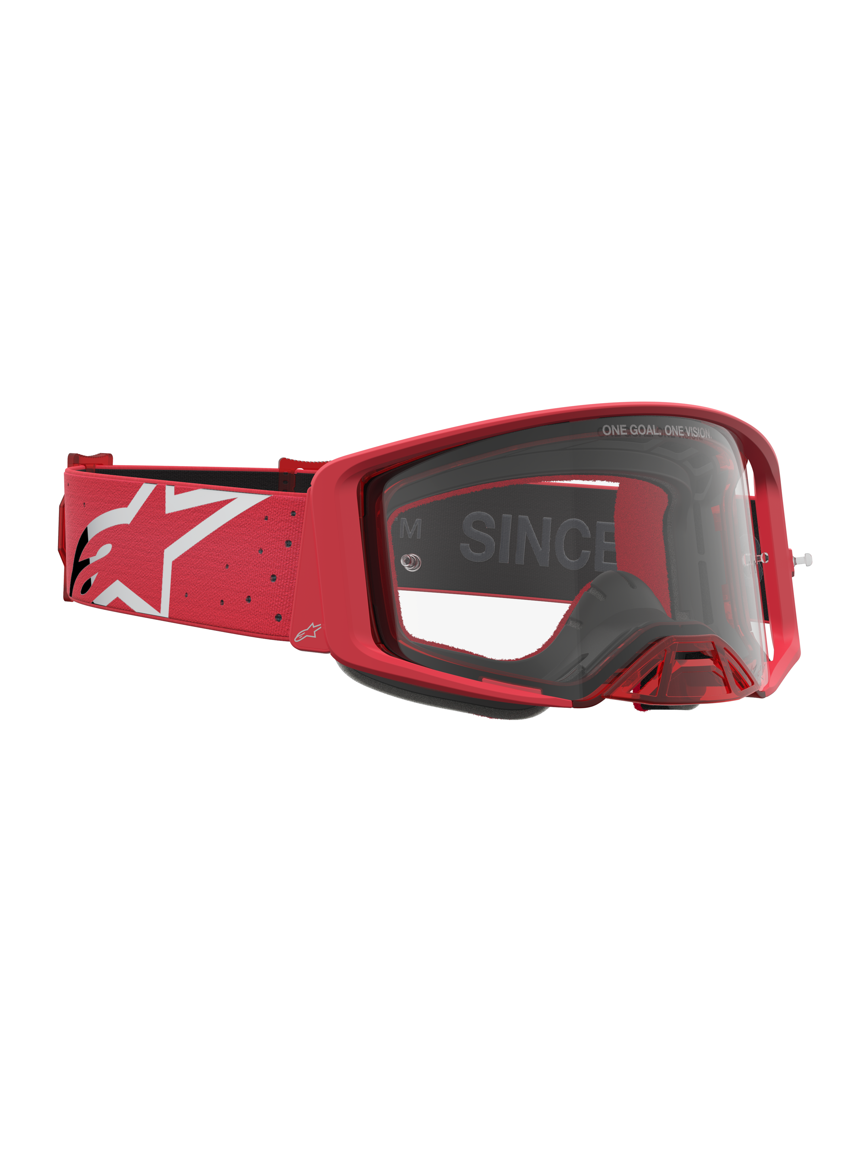 Alpinestars Supertech Vesta, óculos de motocross vermelhos e brancos, com lente transparente e fita com logótipo Astars.