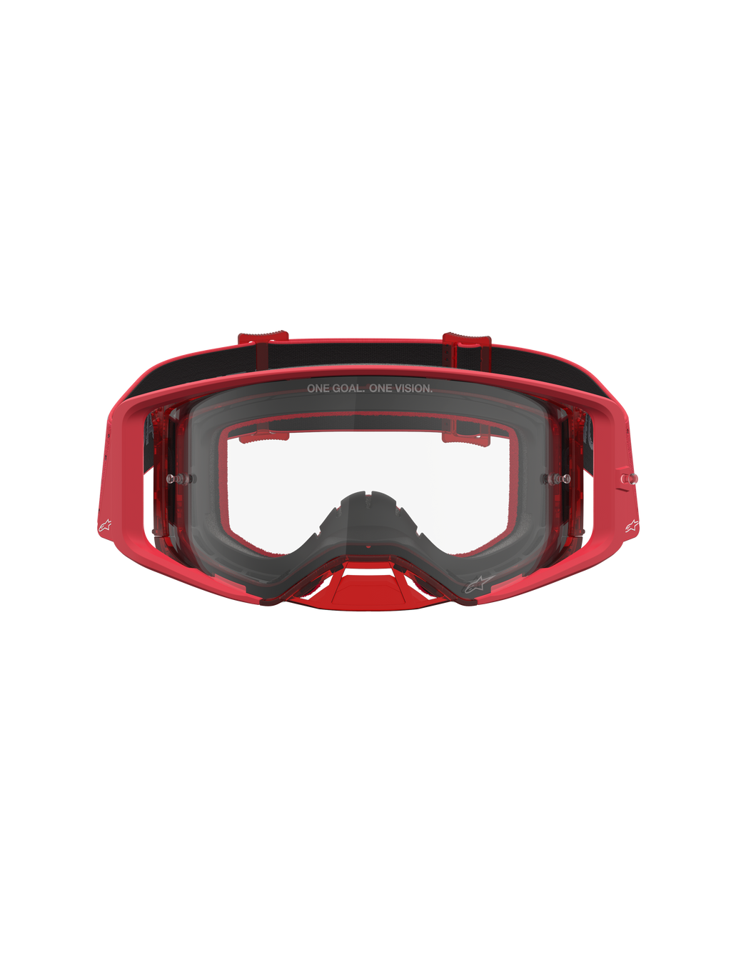 Alpinestars Supertech Vesta, óculos de motocross vermelhos com lente transparente e visão periférica ampla.