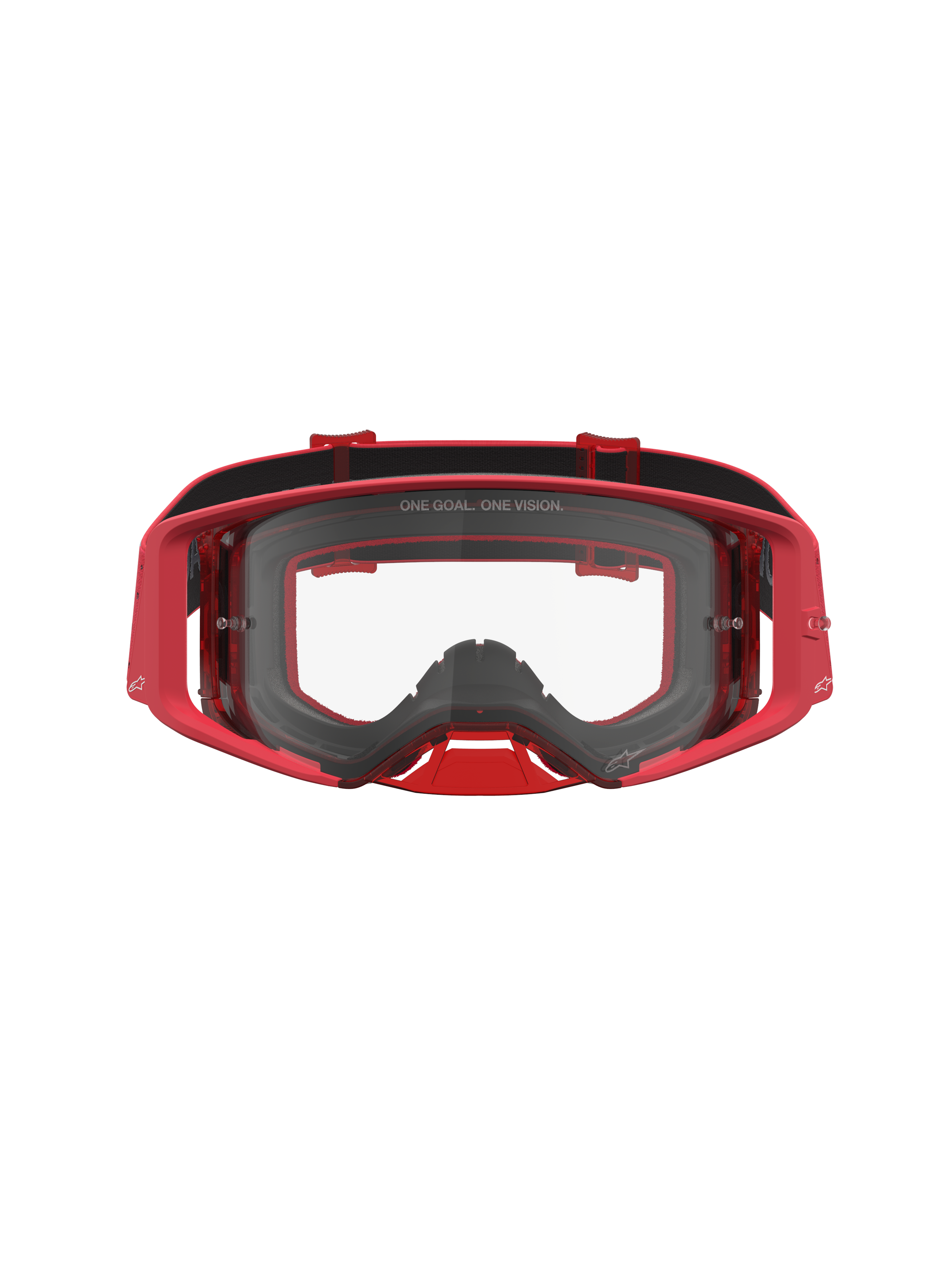 Alpinestars Supertech Vesta, óculos de motocross vermelhos com lente transparente e visão periférica ampla.