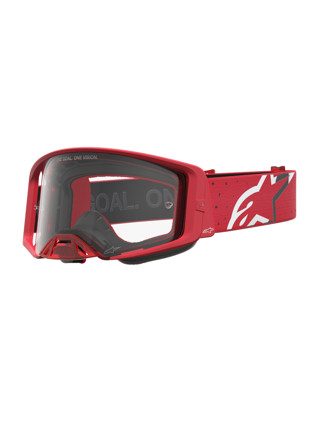Óculos de motocross Alpinestars Supertech Vesta, vermelhos com lente transparente e logótipo Astars branco na correia.