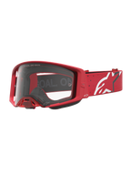 Óculos de motocross Alpinestars Supertech Vesta, vermelhos com lente transparente e logótipo Astars branco na correia.