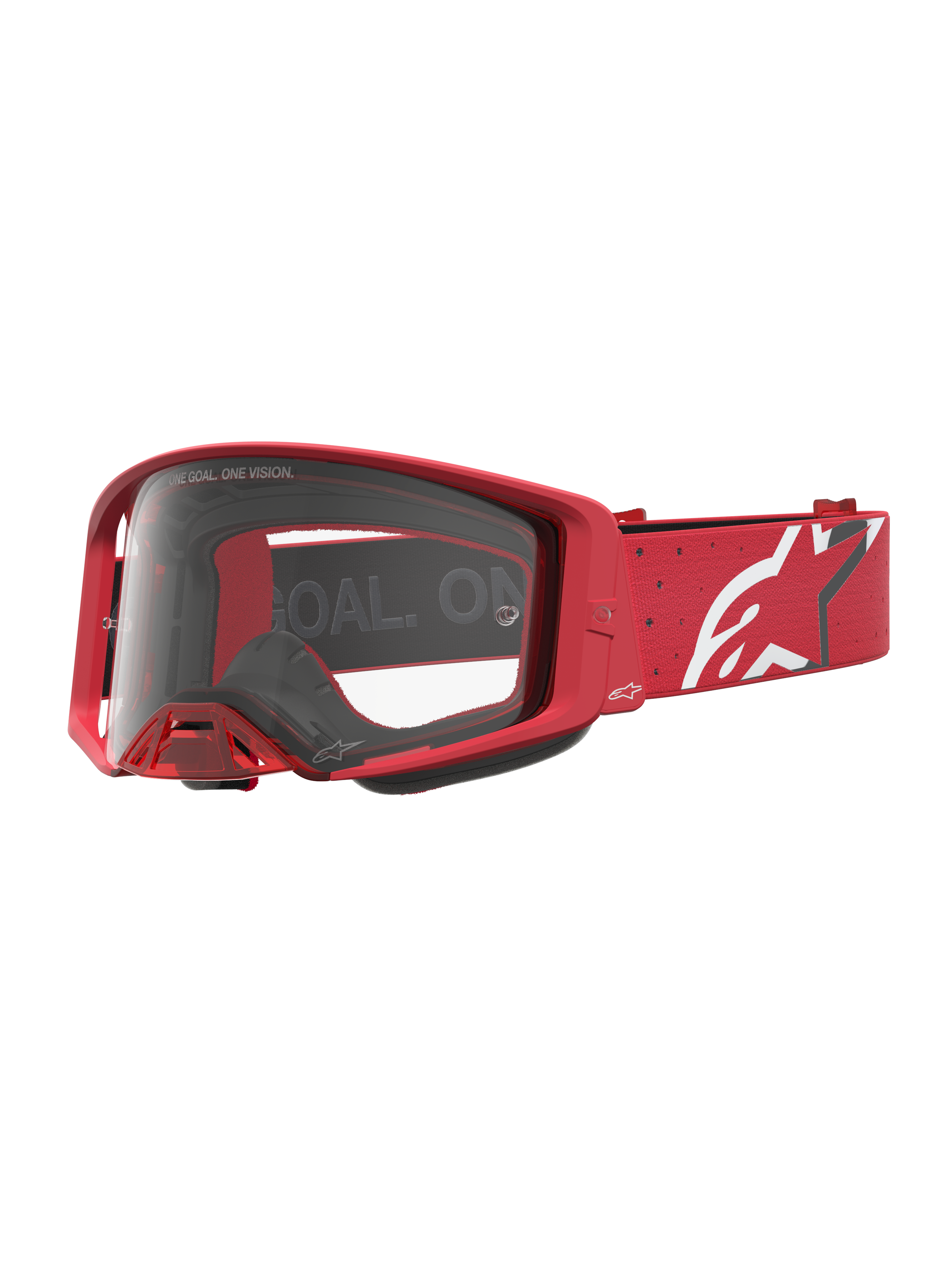 Óculos de motocross Alpinestars Supertech Vesta, vermelhos com lente transparente e logótipo Astars branco na correia.