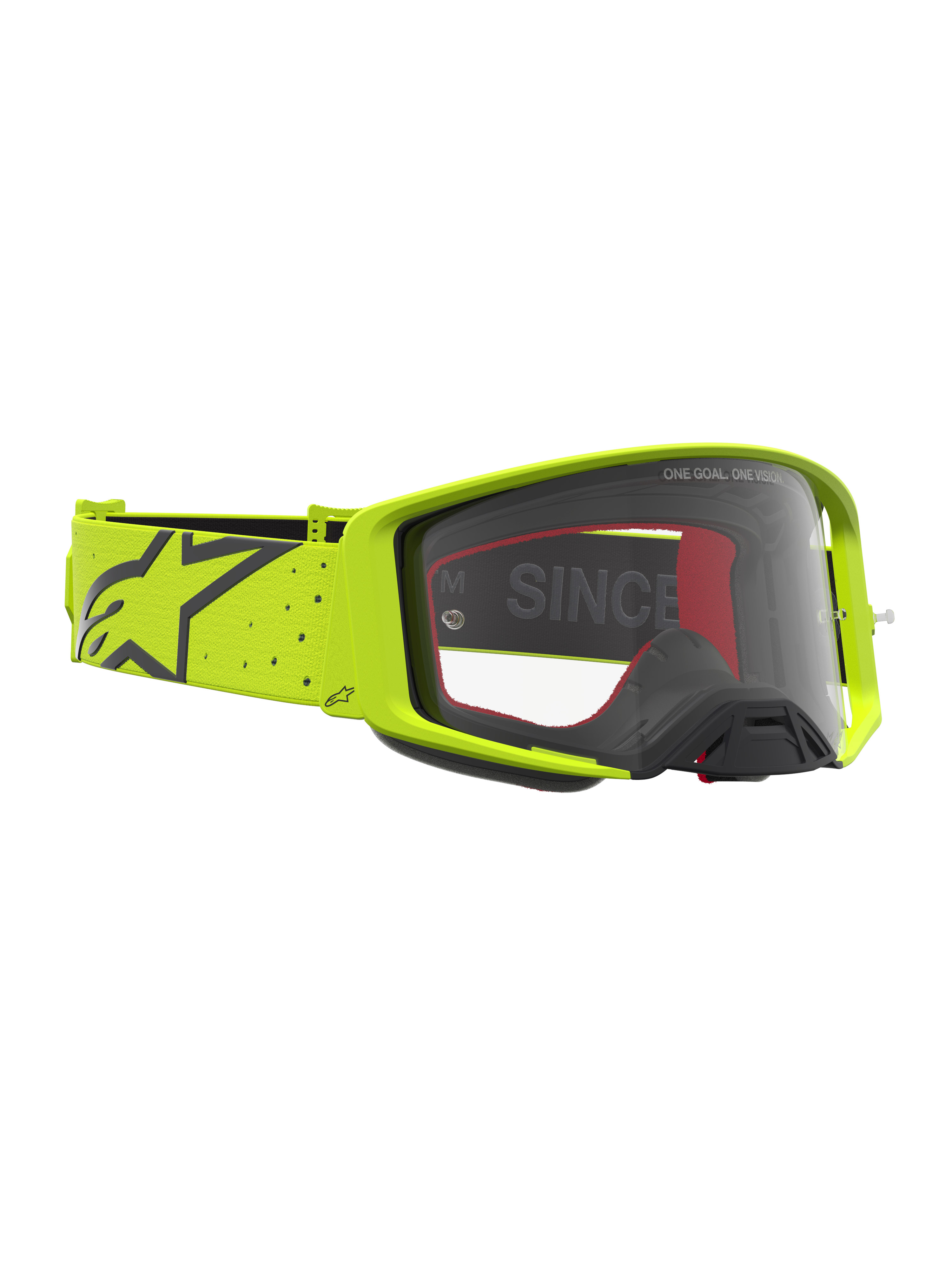 Alpinestars Supertech Vesta, óculos de motocross, amarelos fluo e pretos, lente transparente e alça elástica larga.