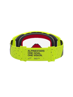 Alpinestars óculos Supertech Vesta, motocross, amarelos fluo e pretos, vista traseira com lema na correia e espuma vermelha.