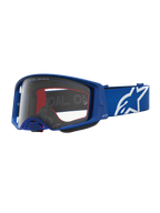 Alpinestars Supertech Vesta, óculos de motocross azuis e brancos, lente transparente de policarbonato e logótipo de estrela.