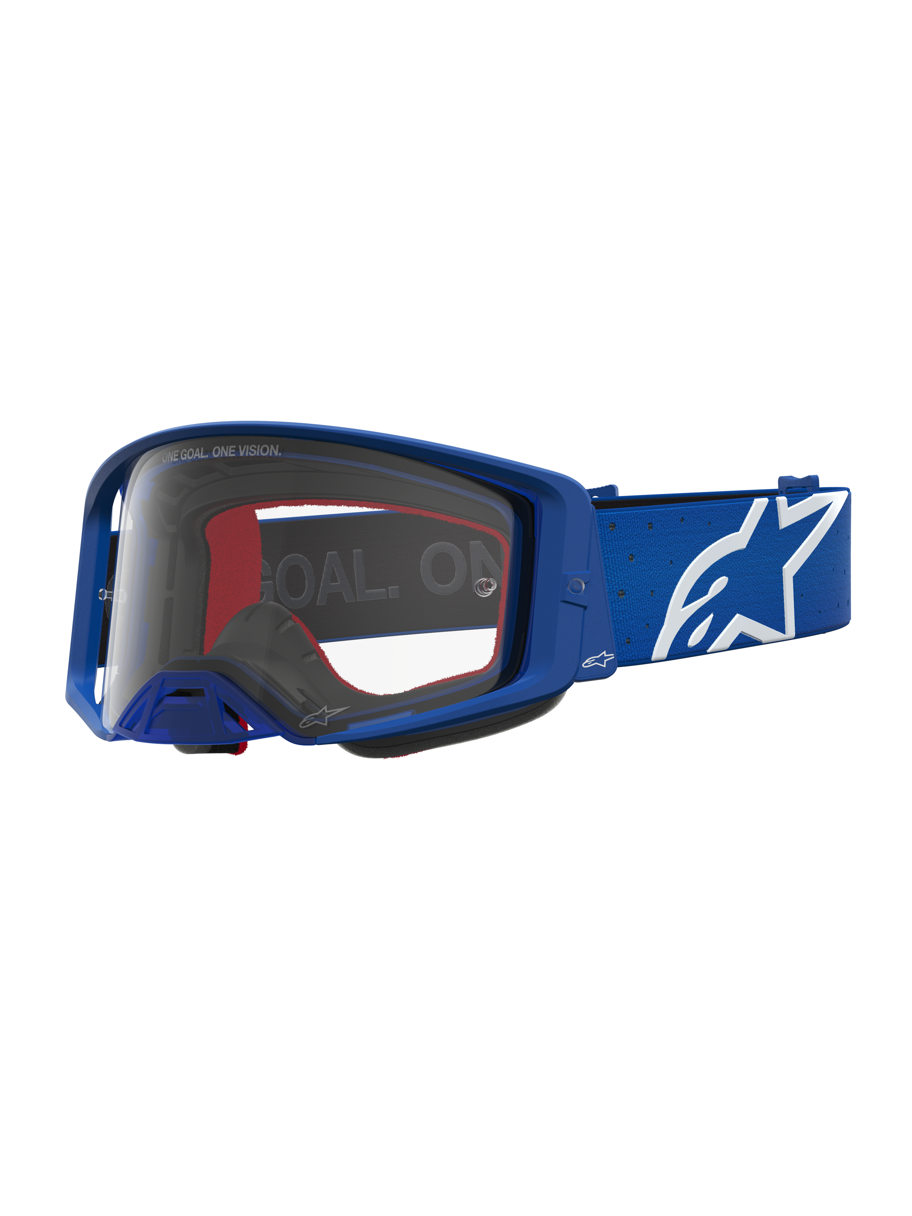 Alpinestars Supertech Vesta, óculos de motocross azuis e brancos, lente transparente de policarbonato e logótipo de estrela.