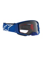 Óculos Supertech Vesta da Alpinestars, óculos de motocross azul e branco com lente transparente e design de alta performance.