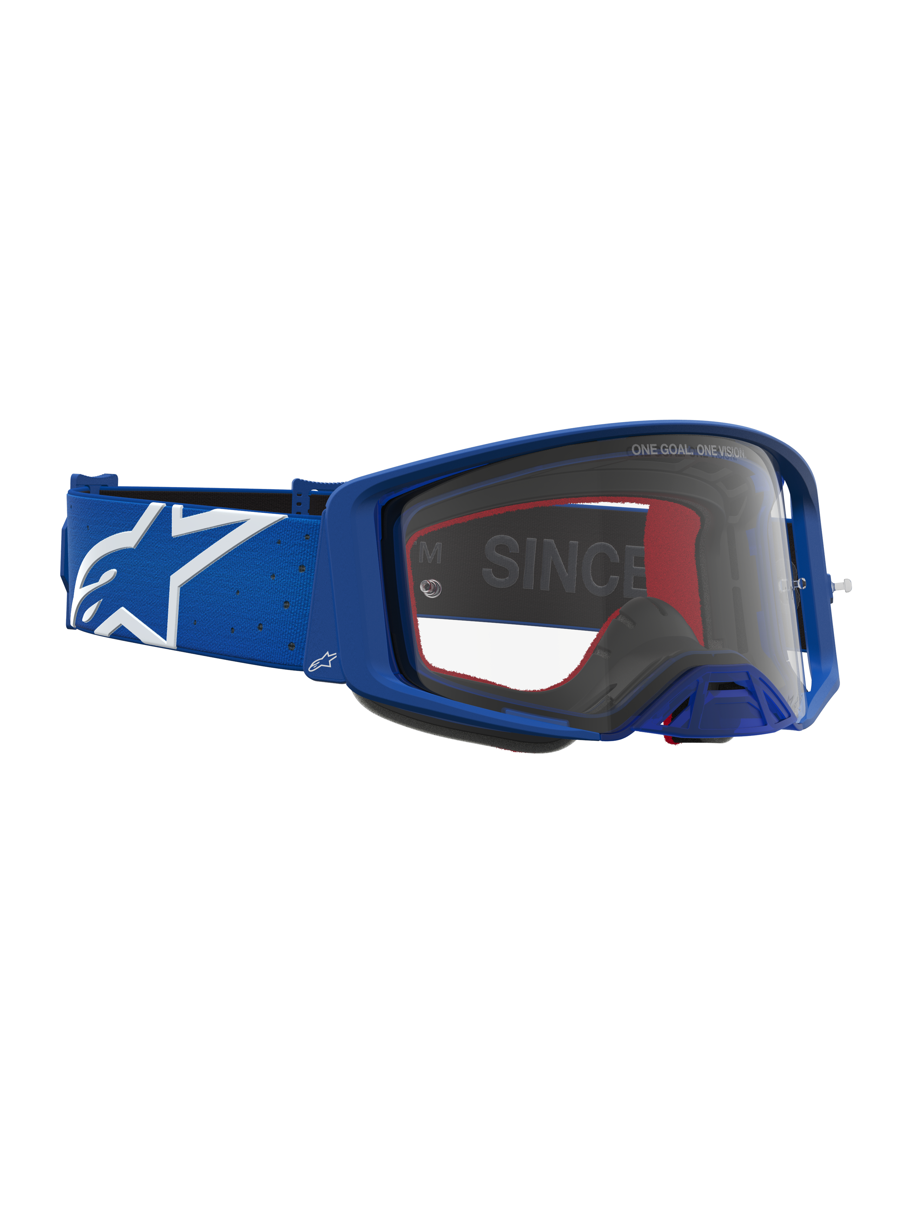 Óculos Supertech Vesta da Alpinestars, óculos de motocross azul e branco com lente transparente e design de alta performance.
