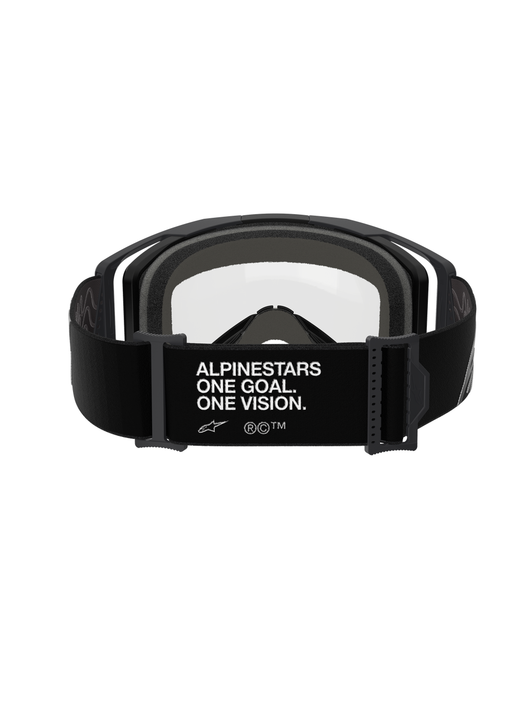 Óculos Alpinestars Vision 8 Corp - Lente Dupla, Preto Transparente, vista traseira com correia preta larga e logótipo 'ALPINESTARS ONE GOAL. ONE VISION.' em branco, armação preta com lente de policarbonato transparente e espuma facial cinzenta espessa de várias camadas, óculos de motocross profissionais