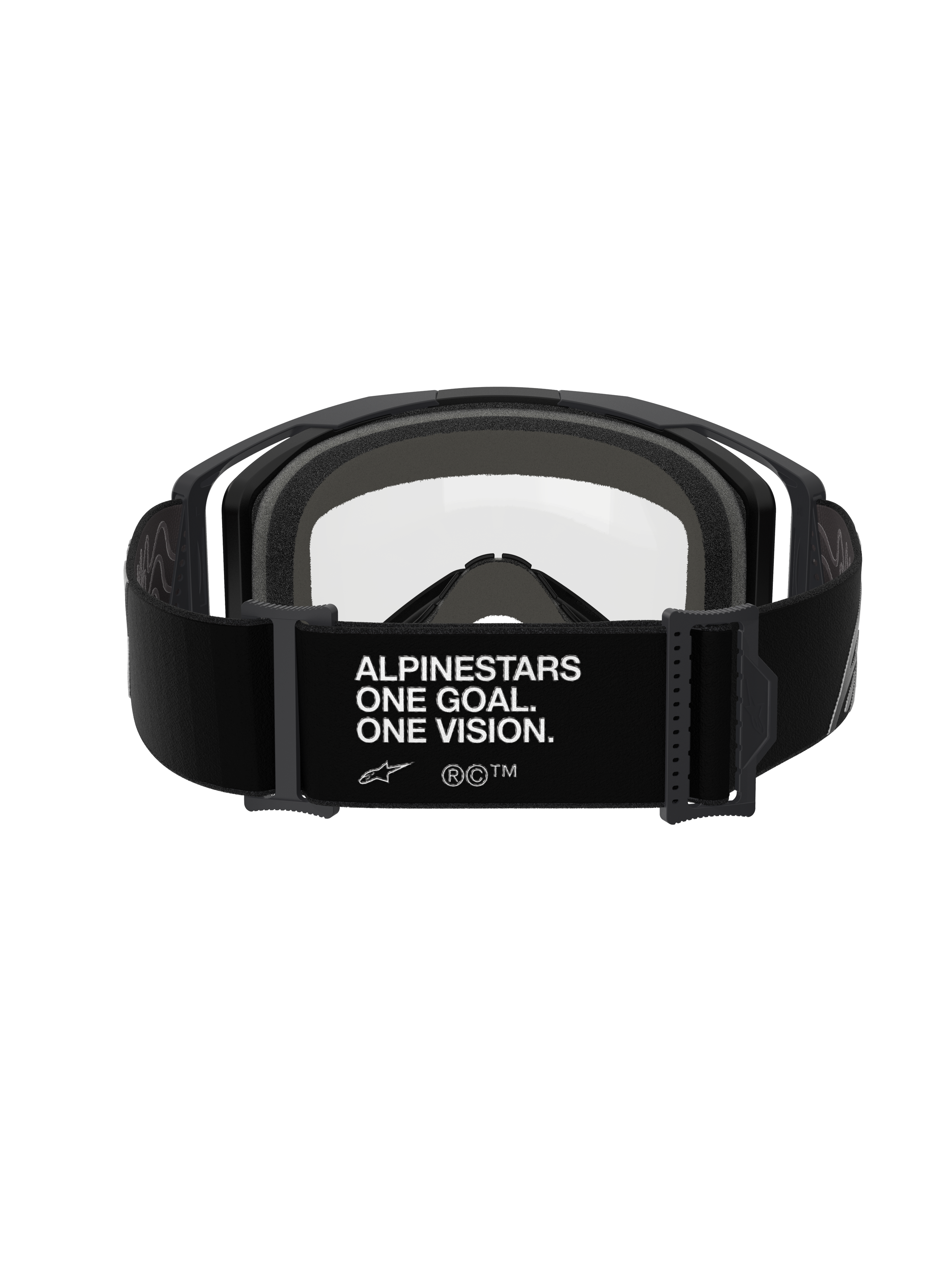 Óculos Alpinestars Vision 8 Corp - Lente Dupla, Preto Transparente, vista traseira com correia preta larga e logótipo 'ALPINESTARS ONE GOAL. ONE VISION.' em branco, armação preta com lente de policarbonato transparente e espuma facial cinzenta espessa de várias camadas, óculos de motocross profissionais