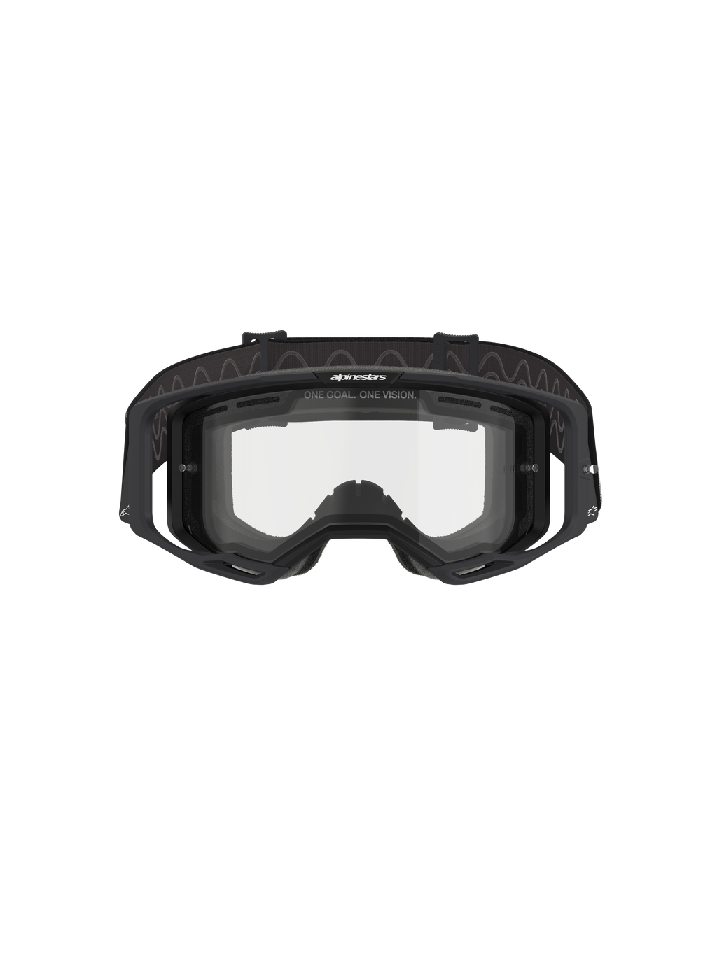 Óculos Alpinestars Vision 8 Corp - Dual Pane, óculos de motocross, armação preta com lente transparente de painel duplo, vista frontal mostrando os suportes e a marca "ONE GOAL. ONE VISION.", proteção ocular técnica para corridas off-road