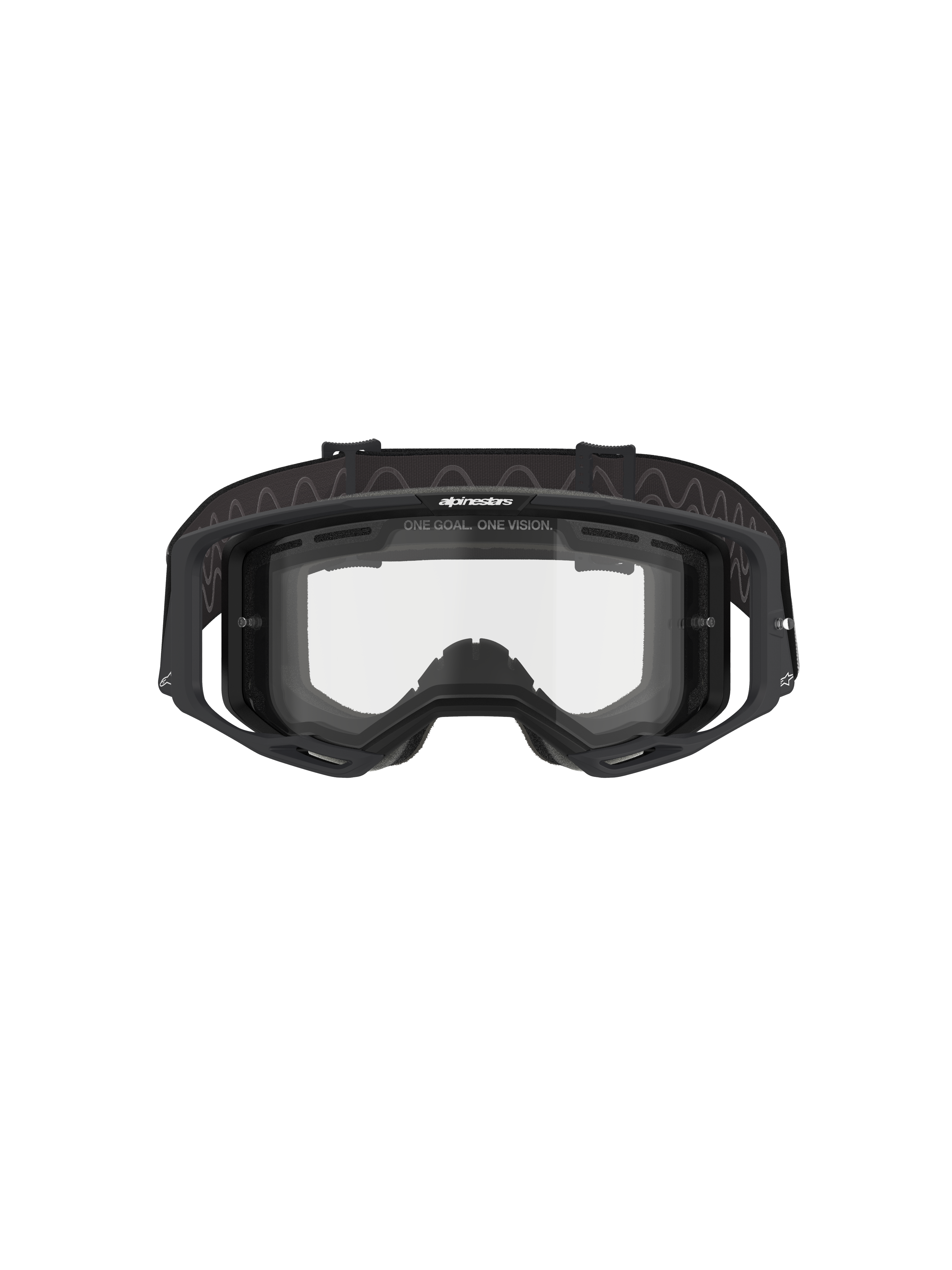 Óculos Alpinestars Vision 8 Corp - Dual Pane, óculos de motocross, armação preta com lente transparente de painel duplo, vista frontal mostrando os suportes e a marca "ONE GOAL. ONE VISION.", proteção ocular técnica para corridas off-road