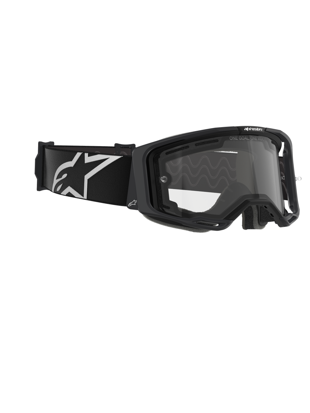 Óculos Alpinestars Vision 8 Corp, Dual Pane, óculos de motocross, armação preta com lente transparente, correia preta larga com um grande logótipo Alpinestars em branco, proteção ocular técnica para corridas de todo-o-terreno