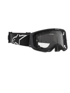 Óculos Alpinestars Vision 8 Corp, Dual Pane, óculos de motocross, armação preta com lente transparente, correia preta larga com um grande logótipo Alpinestars em branco, proteção ocular técnica para corridas de todo-o-terreno