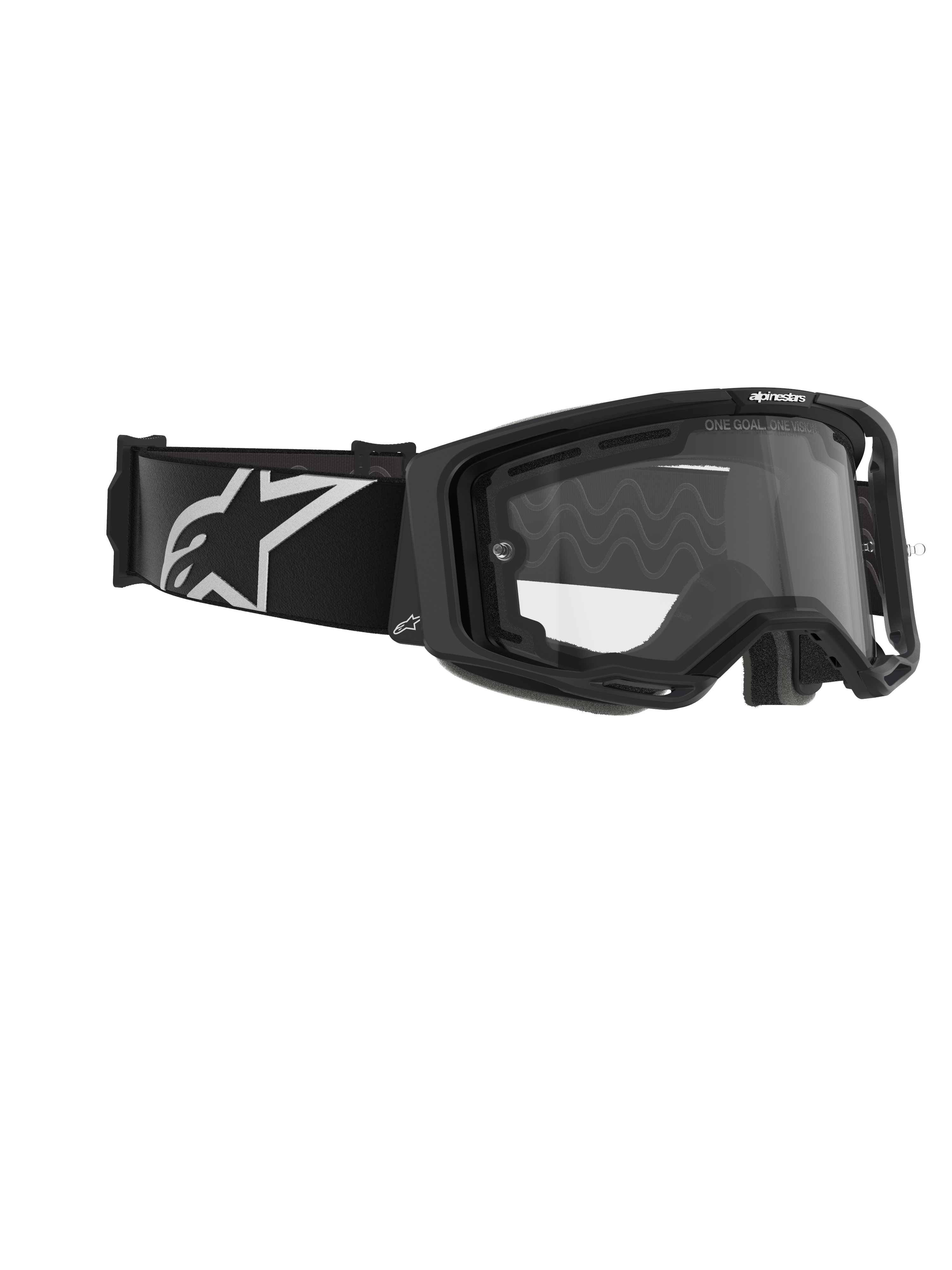 Óculos Alpinestars Vision 8 Corp, Dual Pane, óculos de motocross, armação preta com lente transparente, correia preta larga com um grande logótipo Alpinestars em branco, proteção ocular técnica para corridas de todo-o-terreno
