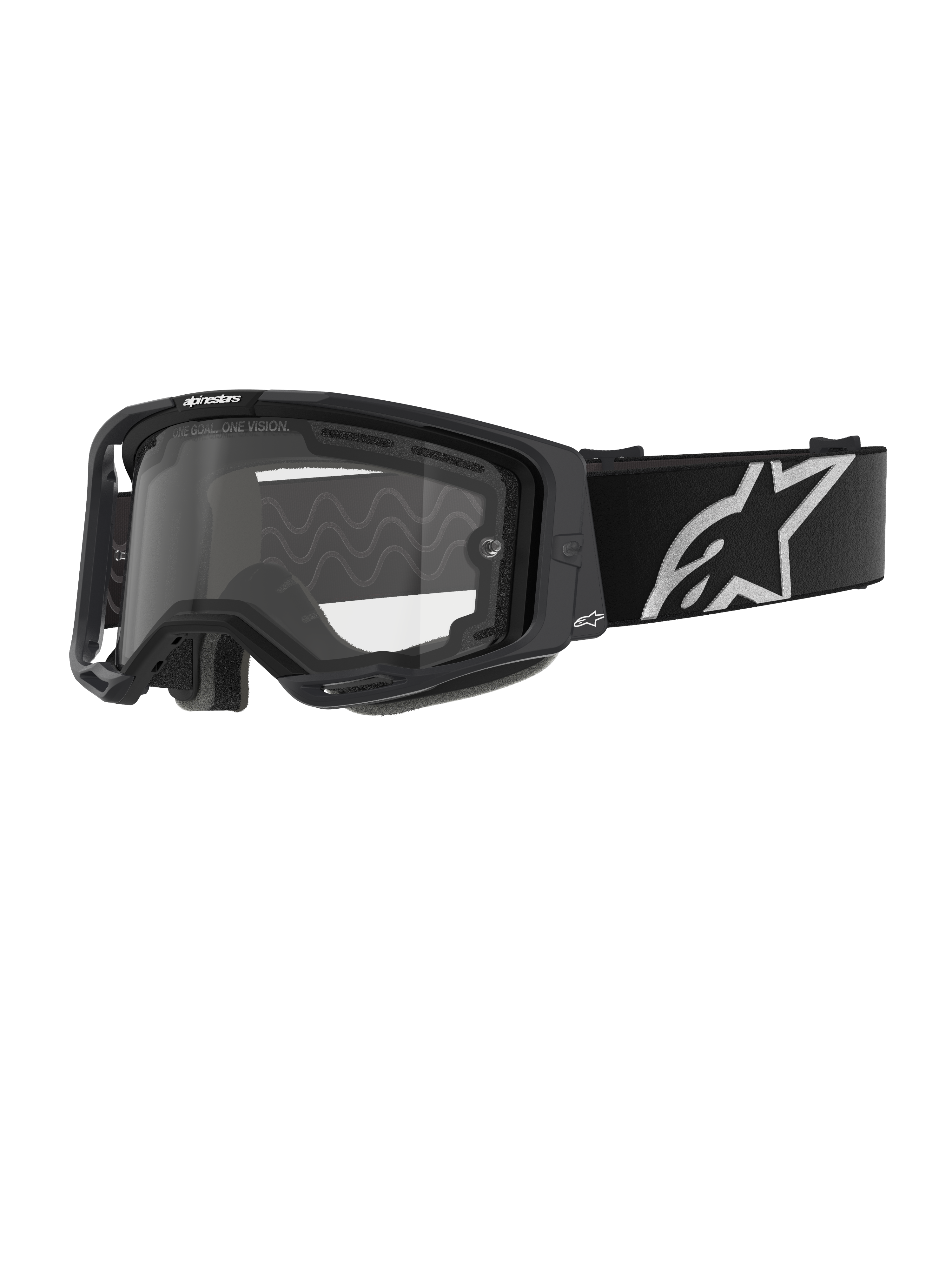 Óculos Alpinestars Vision 8 Corp - Dual Pane, óculos de motocross, armação preta com lente dupla transparente, correia larga preta com o logótipo de estrela da Alpinestars proeminente a branco, design de performance com entradas de ventilação para corridas de todo-o-terreno
