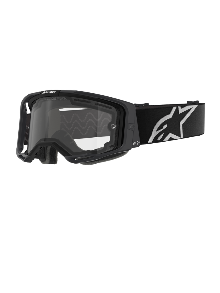 Óculos Alpinestars Vision 8 Corp - Dual Pane, óculos de motocross, armação preta com lente dupla transparente, correia larga preta com o logótipo de estrela da Alpinestars proeminente a branco, design de performance com entradas de ventilação para corridas de todo-o-terreno