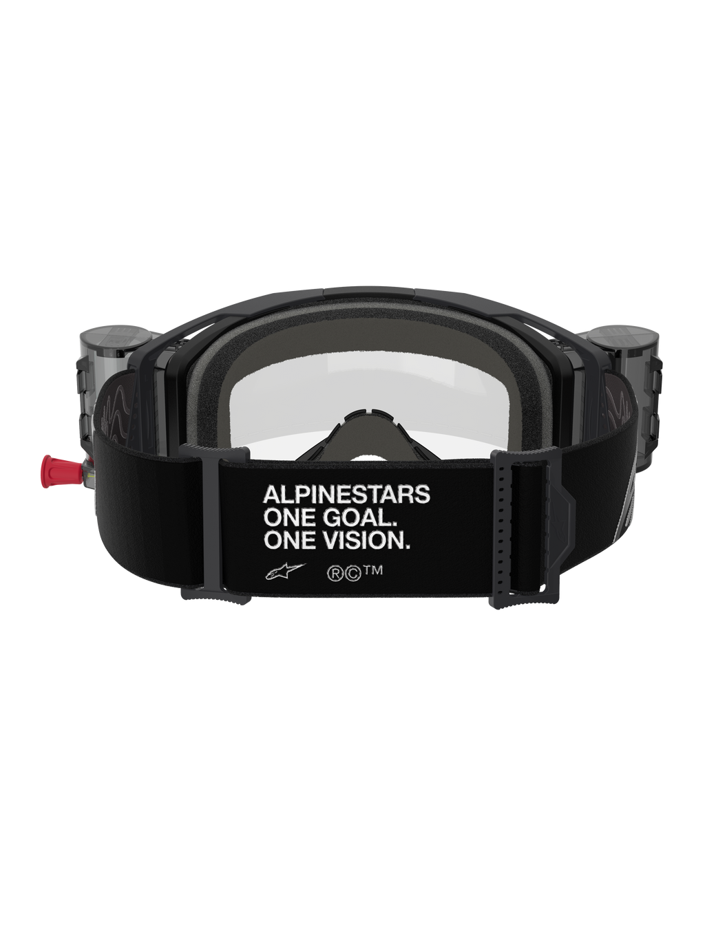 Óculos Alpinestars Vision 8 Corp Roll Off, vista traseira, correia preta com slogan branco 'ALPINESTARS ONE GOAL. ONE VISION.', depósitos de roll-off integrados, lente transparente e acolchoamento de espuma para motocross
