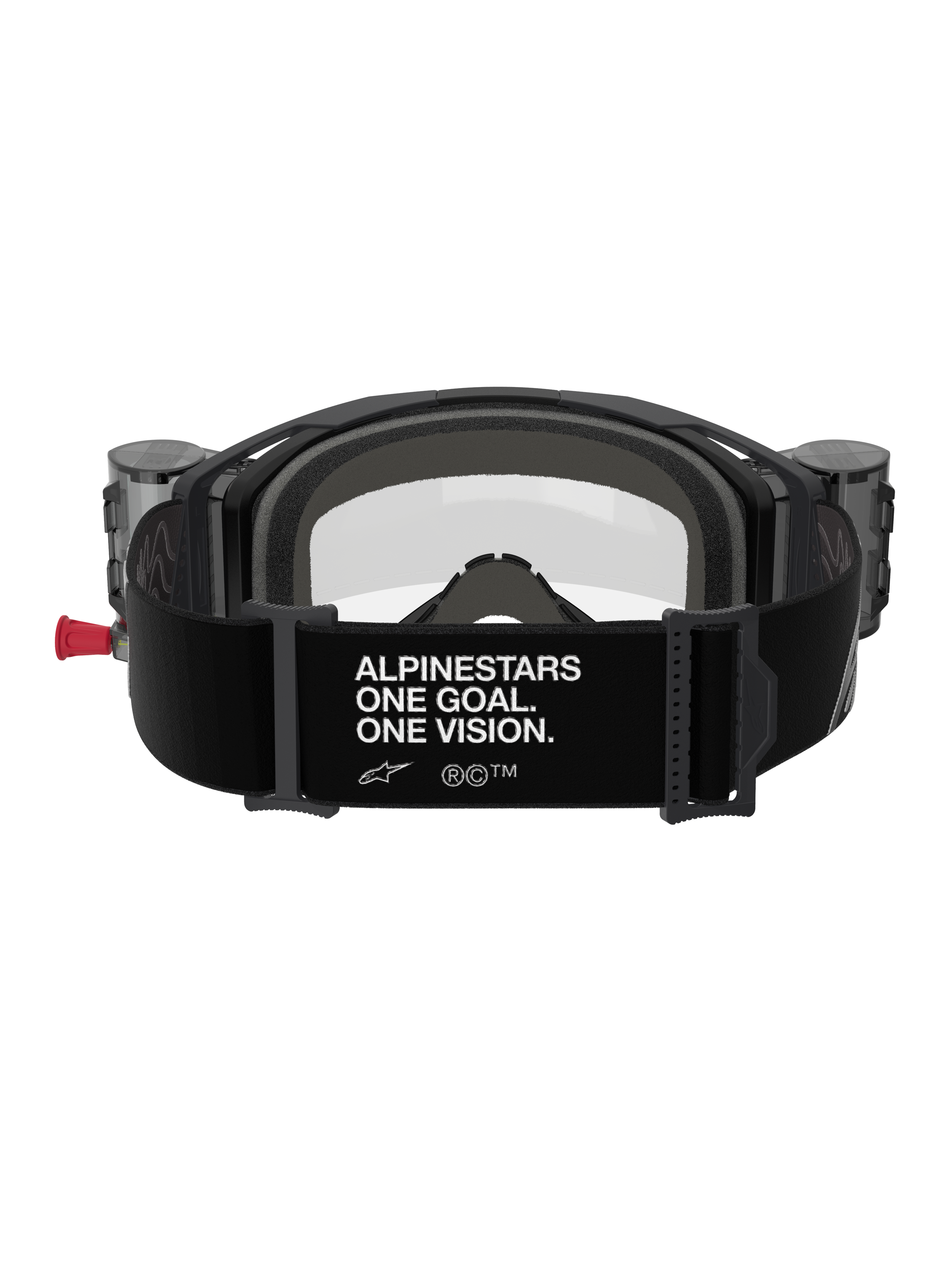 Óculos Alpinestars Vision 8 Corp Roll Off, vista traseira, correia preta com slogan branco 'ALPINESTARS ONE GOAL. ONE VISION.', depósitos de roll-off integrados, lente transparente e acolchoamento de espuma para motocross