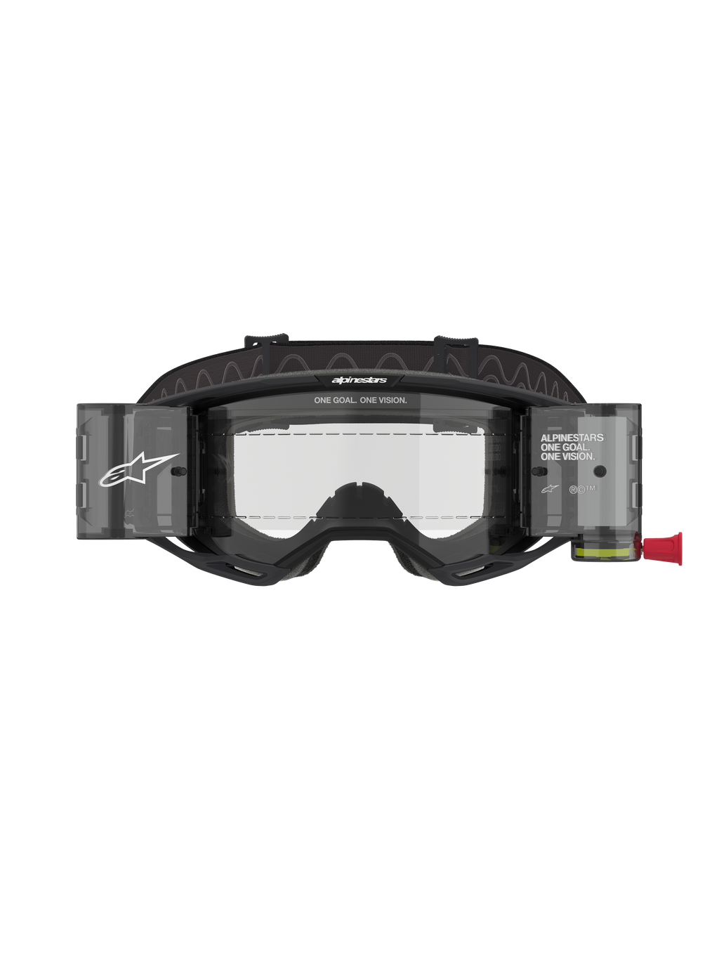 Alpinestars Vision 8 Corp Goggles Roll Off, óculos de motocross, armação preta com lente transparente, com sistema roll-off integrado com recipientes translúcidos e alça preta larga com logótipo, proteção ocular profissional de competição