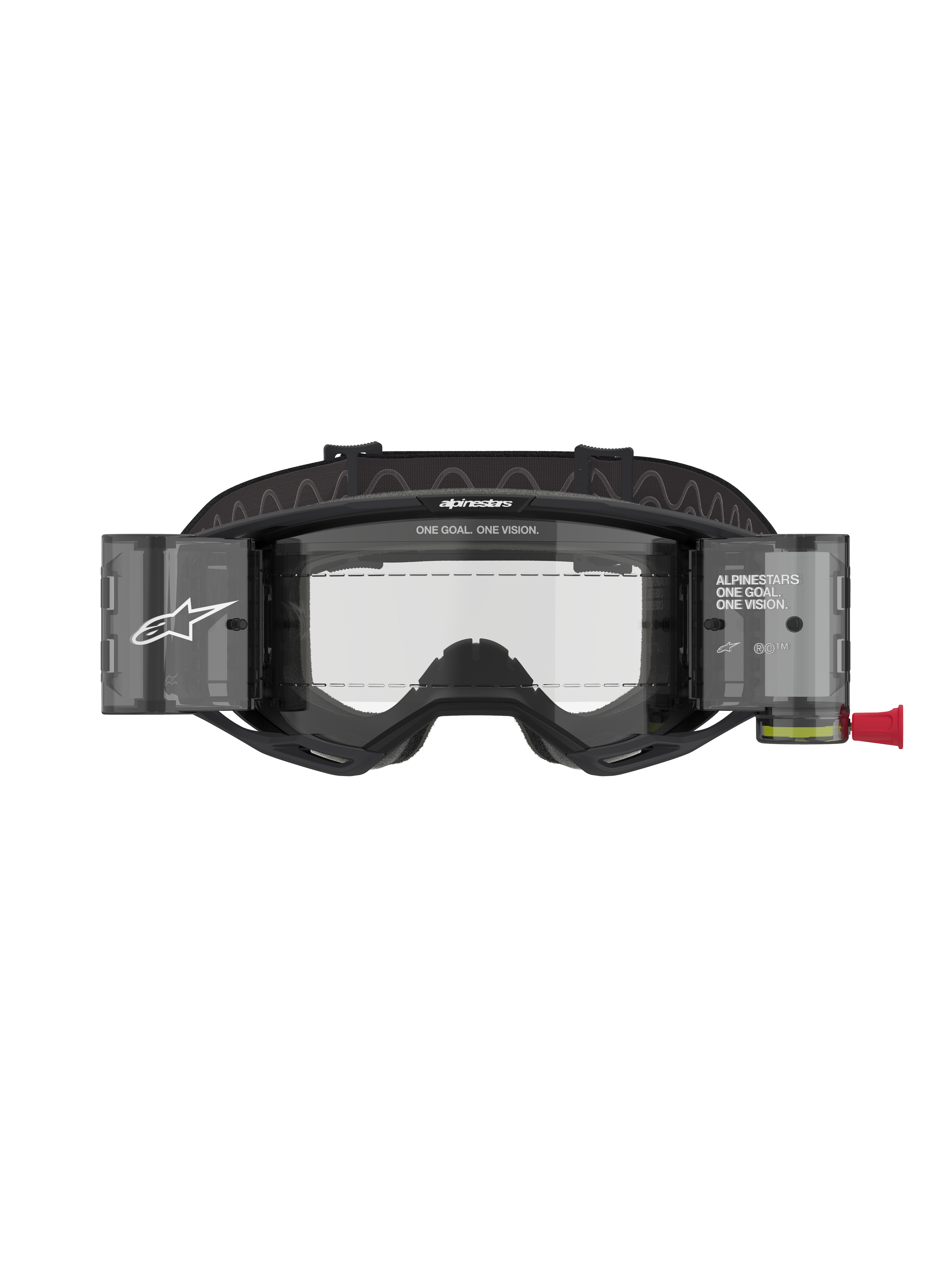 Alpinestars Vision 8 Corp Goggles Roll Off, óculos de motocross, armação preta com lente transparente, com sistema roll-off integrado com recipientes translúcidos e alça preta larga com logótipo, proteção ocular profissional de competição