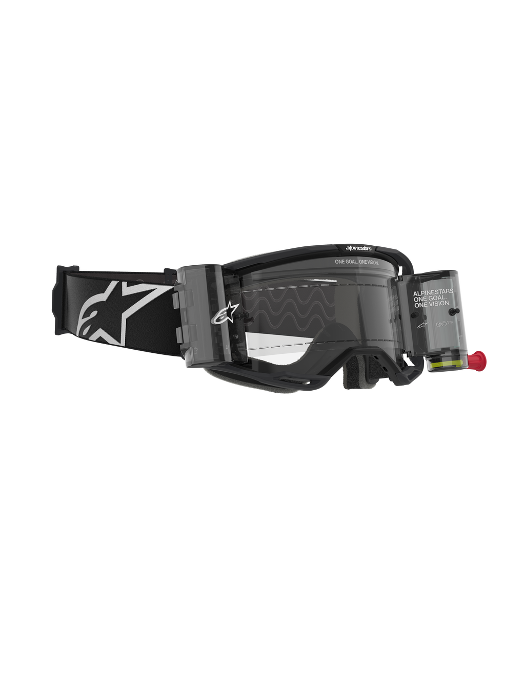 Óculos Alpinestars Vision 8 Corp, óculos de motocross com sistema Roll-Off, pretos e transparentes, com caixas de filme transparentes, lente transparente e uma alça larga preta com um logótipo Alpinestars grande em branco