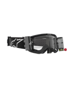 Óculos Alpinestars Vision 8 Corp, óculos de motocross com sistema Roll-Off, pretos e transparentes, com caixas de filme transparentes, lente transparente e uma alça larga preta com um logótipo Alpinestars grande em branco