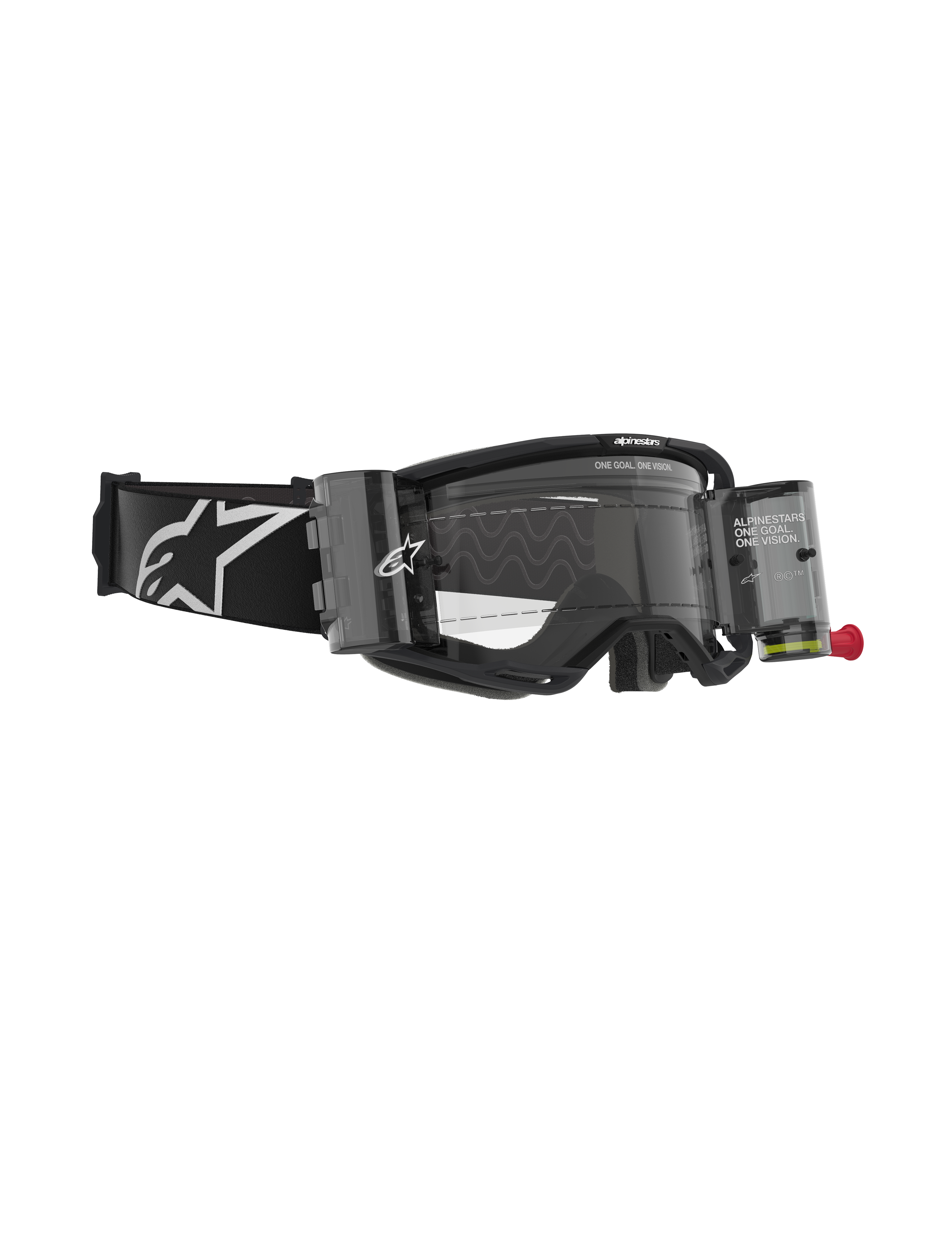 Óculos Alpinestars Vision 8 Corp, óculos de motocross com sistema Roll-Off, pretos e transparentes, com caixas de filme transparentes, lente transparente e uma alça larga preta com um logótipo Alpinestars grande em branco