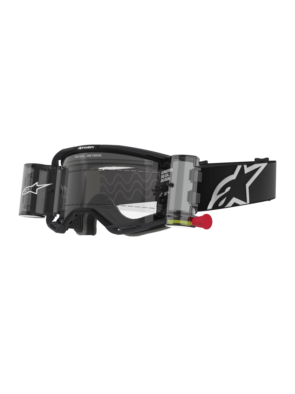Alpinestars Vision 8 Corp Goggles Roll Off, óculos de motocross, pretos e transparentes, sistema roll-off integrado com puxador vermelho, correia preta com logótipo branco, padrão de lente ondulado com o texto "ONE GOAL. ONE VISION.", proteção ocular de alta performance para todo-o-terreno