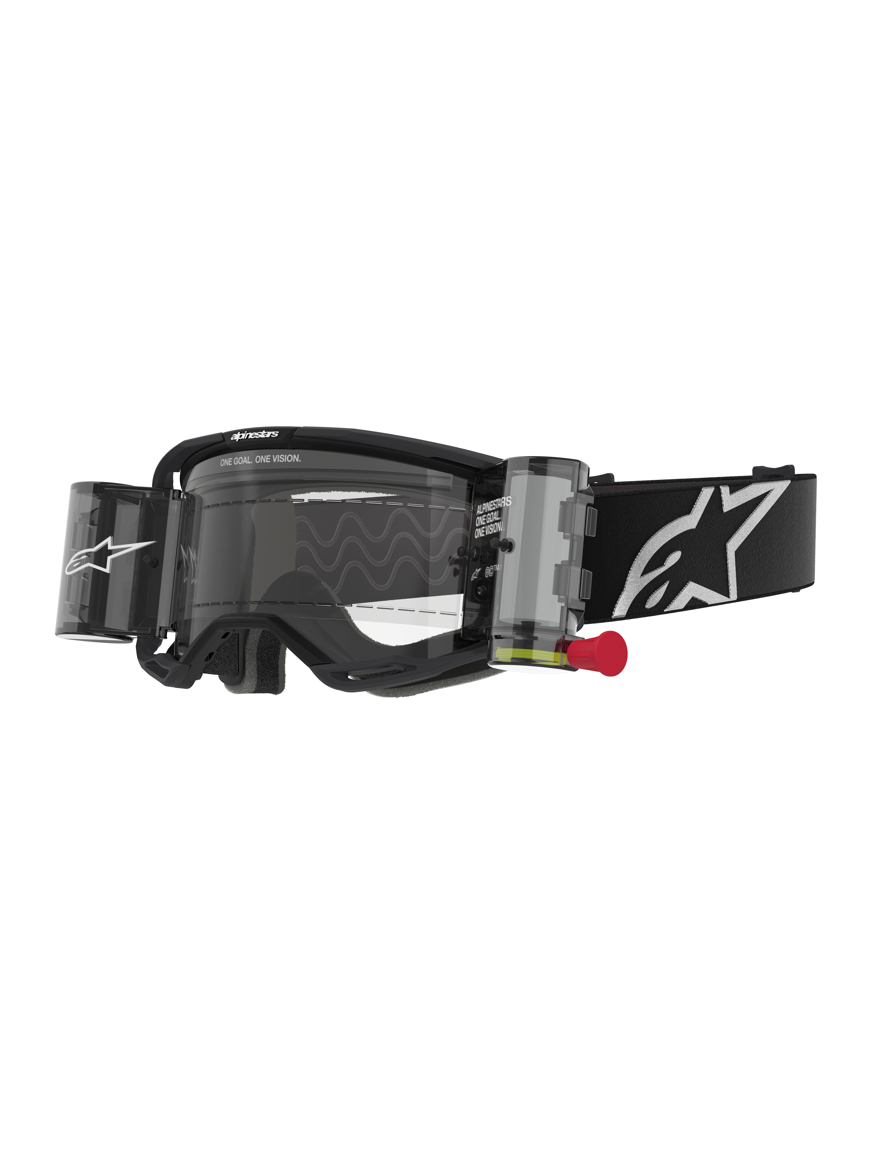 Alpinestars Vision 8 Corp Goggles Roll Off, óculos de motocross, pretos e transparentes, sistema roll-off integrado com puxador vermelho, correia preta com logótipo branco, padrão de lente ondulado com o texto "ONE GOAL. ONE VISION.", proteção ocular de alta performance para todo-o-terreno