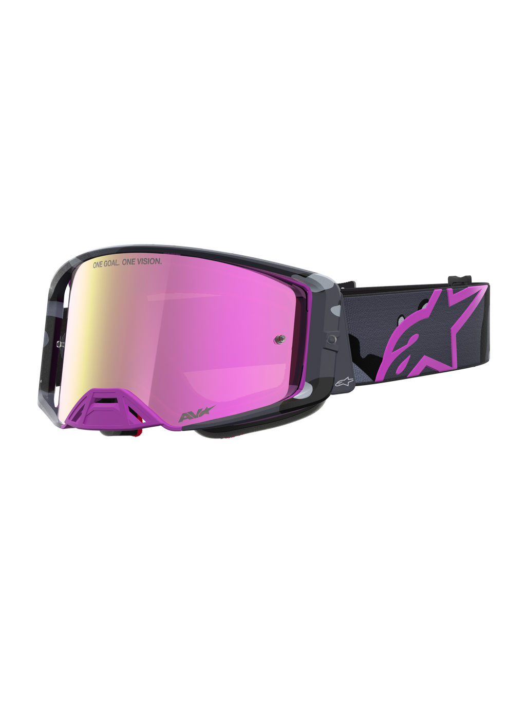 Alpinestars Supertech Lone Edição Limitada, óculos de motocross com armação em roxo camuflado, lente espelhada em rosa e tira com logótipo Astars
