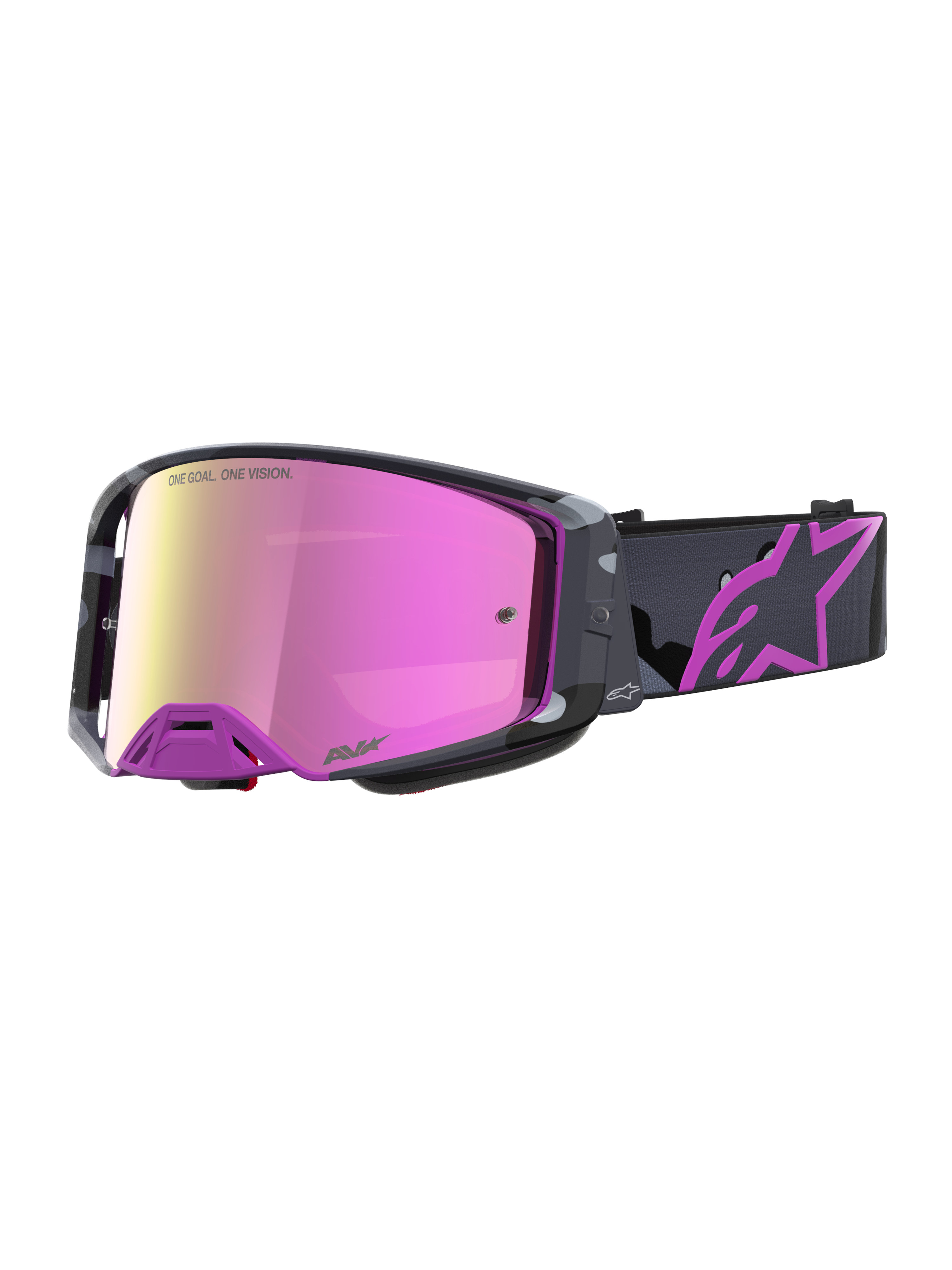 Alpinestars Supertech Lone Edição Limitada, óculos de motocross com armação em roxo camuflado, lente espelhada em rosa e tira com logótipo Astars