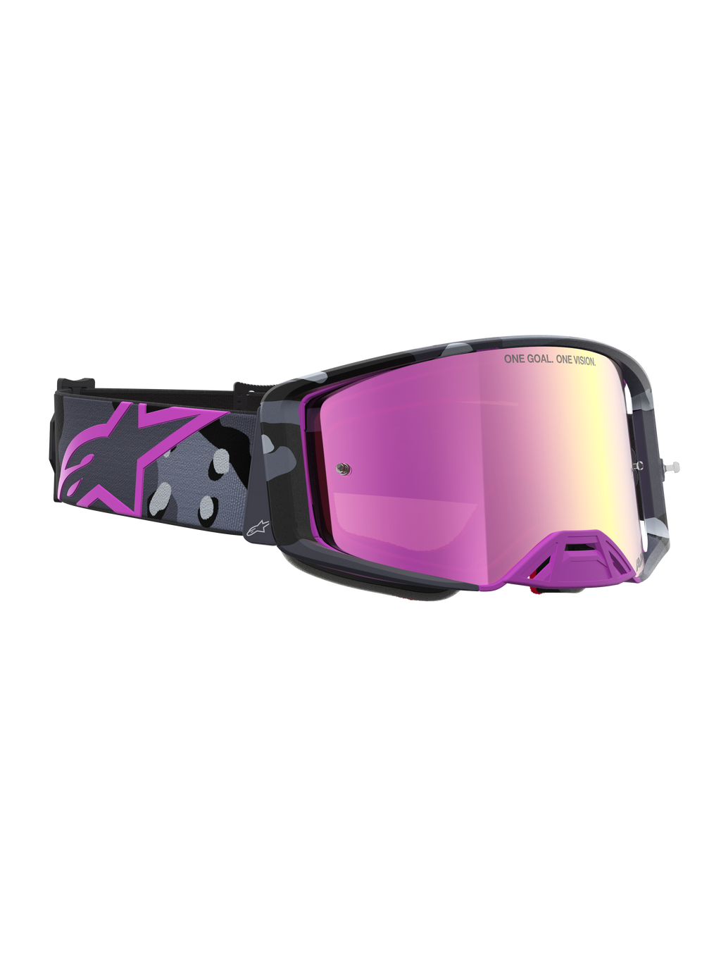 Óculos Supertech Lone Edição Limitada Alpinestars, óculos de motocross em roxo camuflado com lente rosa espelhada, visão de elevado contraste e ventilação avançada