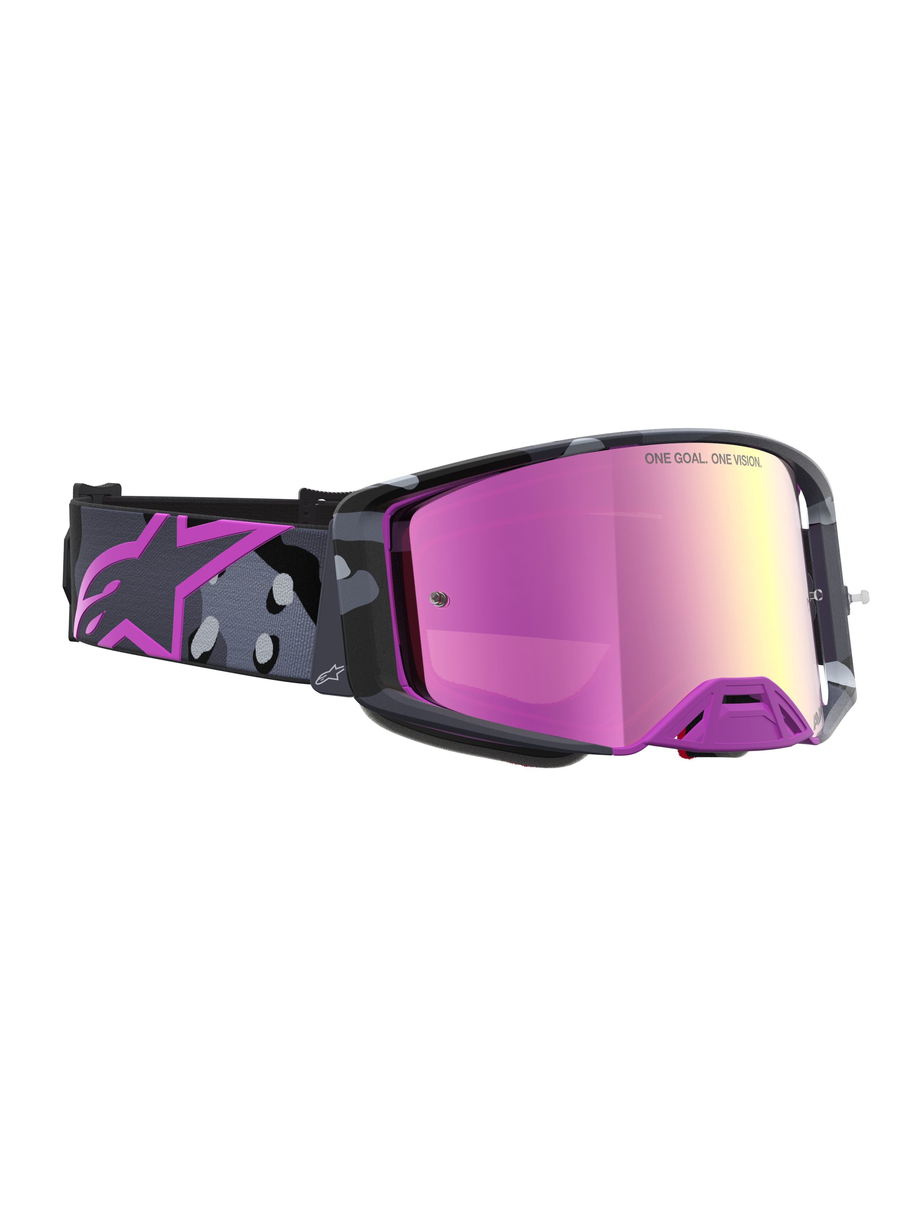 Óculos Supertech Lone Edição Limitada Alpinestars, óculos de motocross em roxo camuflado com lente rosa espelhada, visão de elevado contraste e ventilação avançada
