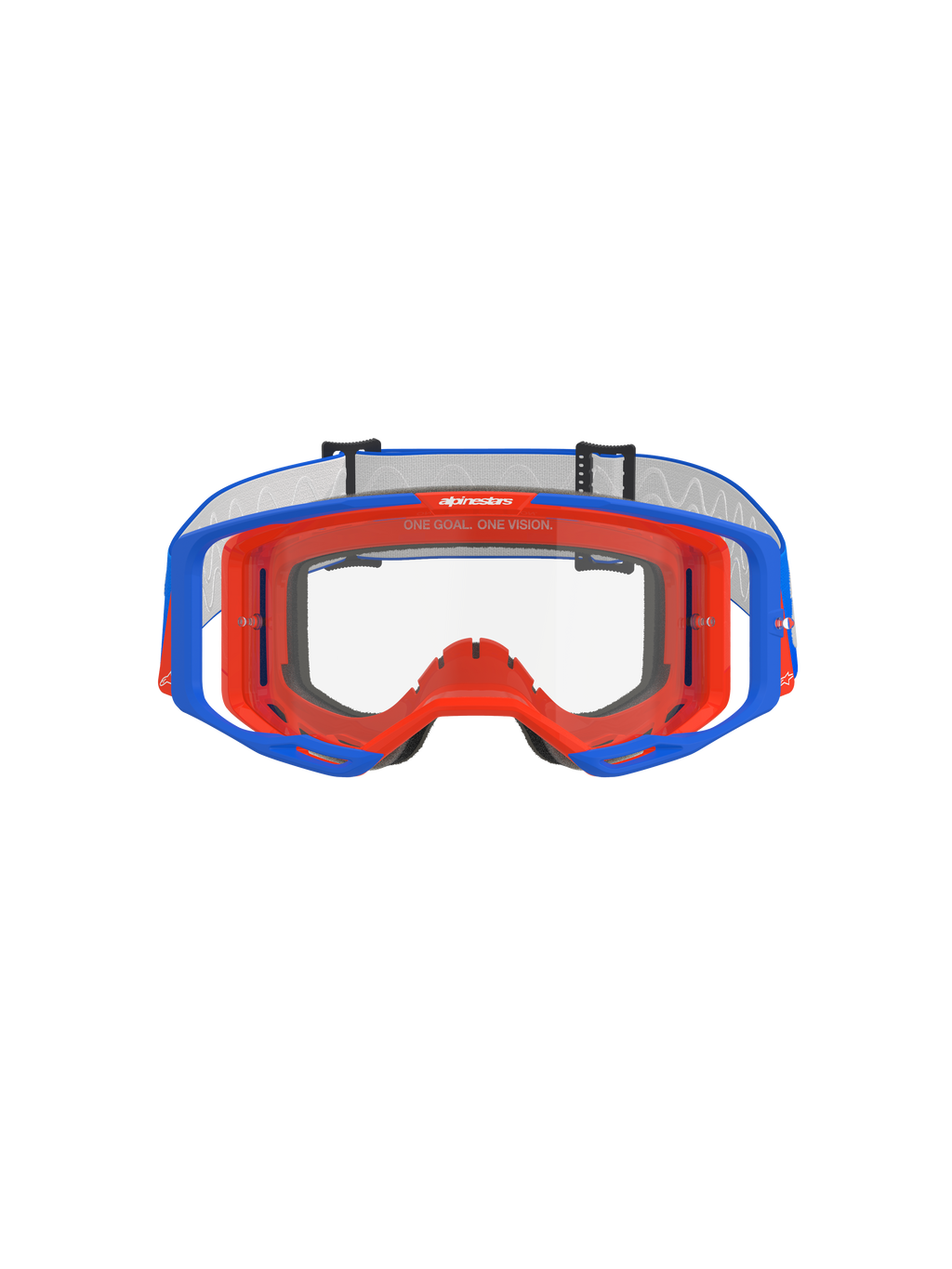 Alpinestars Vision 8 Wordmark Goggles, óculos de motocross, azul e cor-de-laranja com lente transparente, vista frontal, com armação flexível de dois tons, design de lente periférica ampla e inscrição 'One Goal. One Vision.' na parte superior interna da armação.