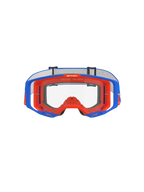 Alpinestars Vision 8 Wordmark Goggles, óculos de motocross, azul e cor-de-laranja com lente transparente, vista frontal, com armação flexível de dois tons, design de lente periférica ampla e inscrição 'One Goal. One Vision.' na parte superior interna da armação.