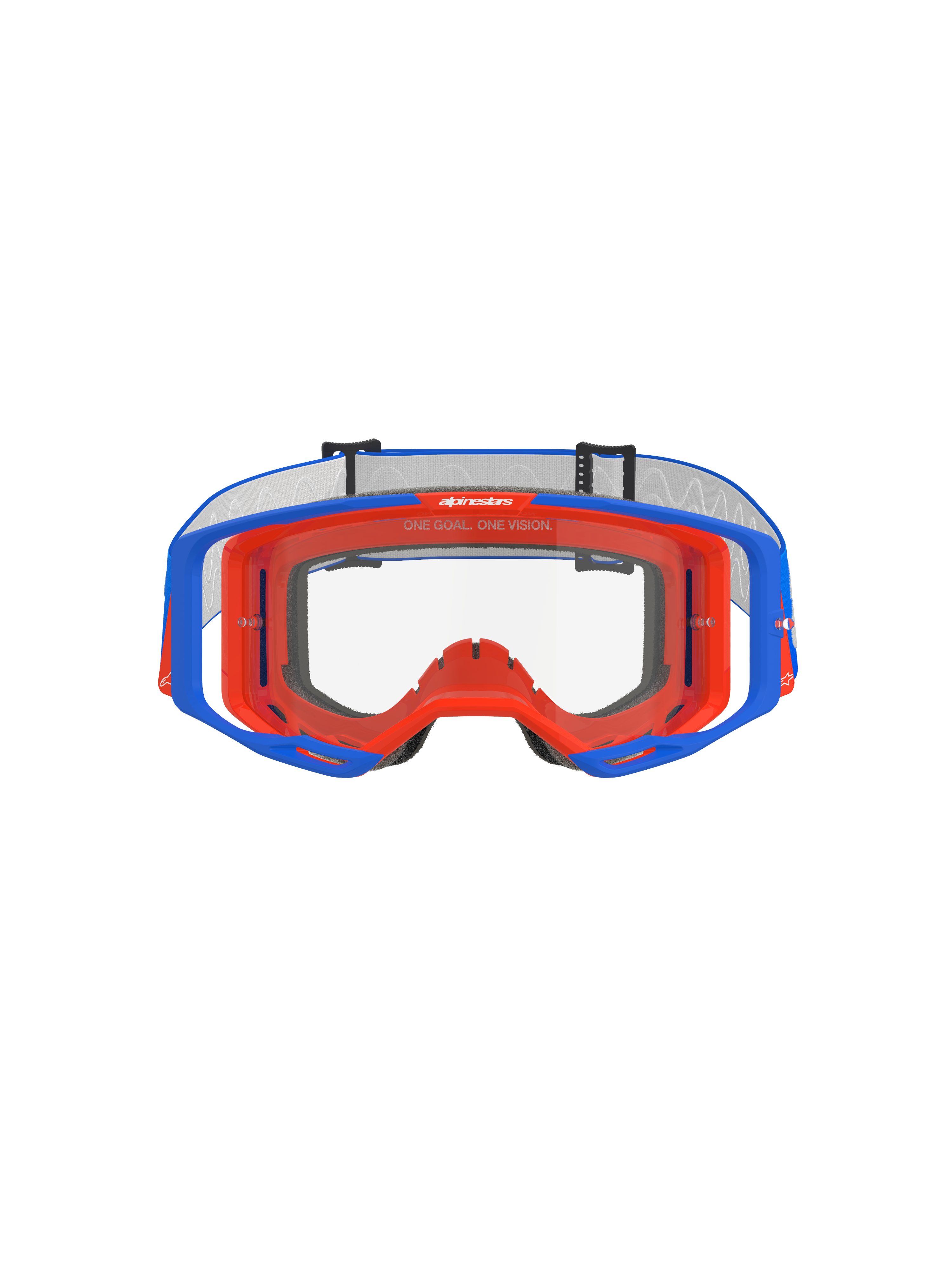 Alpinestars Vision 8 Wordmark Goggles, óculos de motocross, azul e cor-de-laranja com lente transparente, vista frontal, com armação flexível de dois tons, design de lente periférica ampla e inscrição 'One Goal. One Vision.' na parte superior interna da armação.