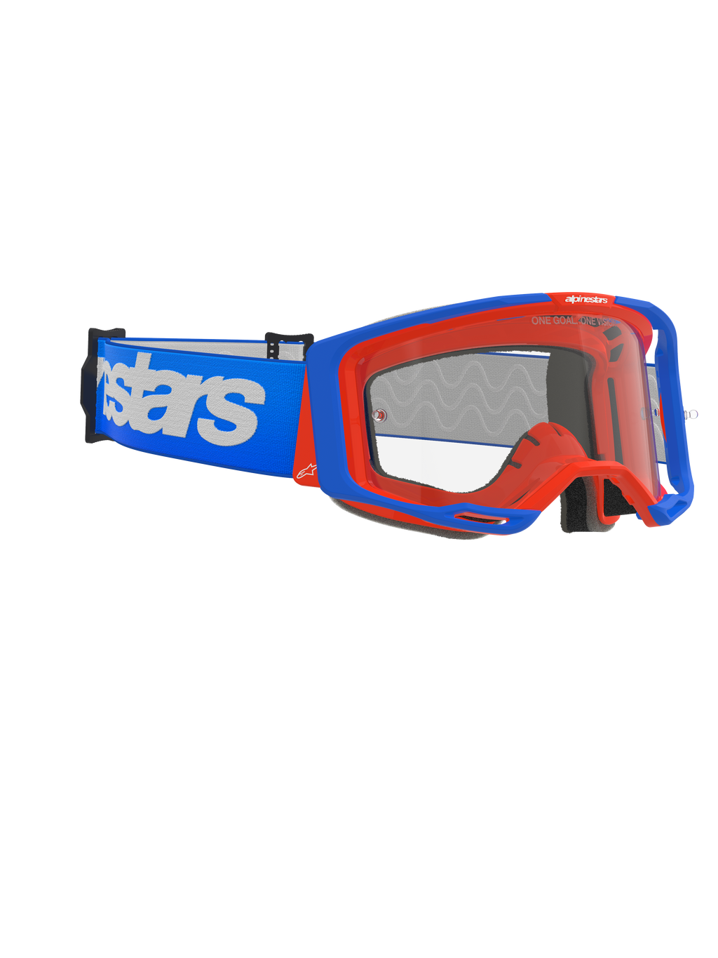 Óculos Alpinestars Vision 8 Wordmark, óculos de motocross, azul e laranja, lente transparente anti-embaciamento, correia larga azul com o logótipo Alpinestars em branco, armação angular com sistema de suporte, óculos de alto desempenho para competição fora de estrada