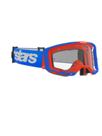 Óculos Alpinestars Vision 8 Wordmark, óculos de motocross, azul e laranja, lente transparente anti-embaciamento, correia larga azul com o logótipo Alpinestars em branco, armação angular com sistema de suporte, óculos de alto desempenho para competição fora de estrada