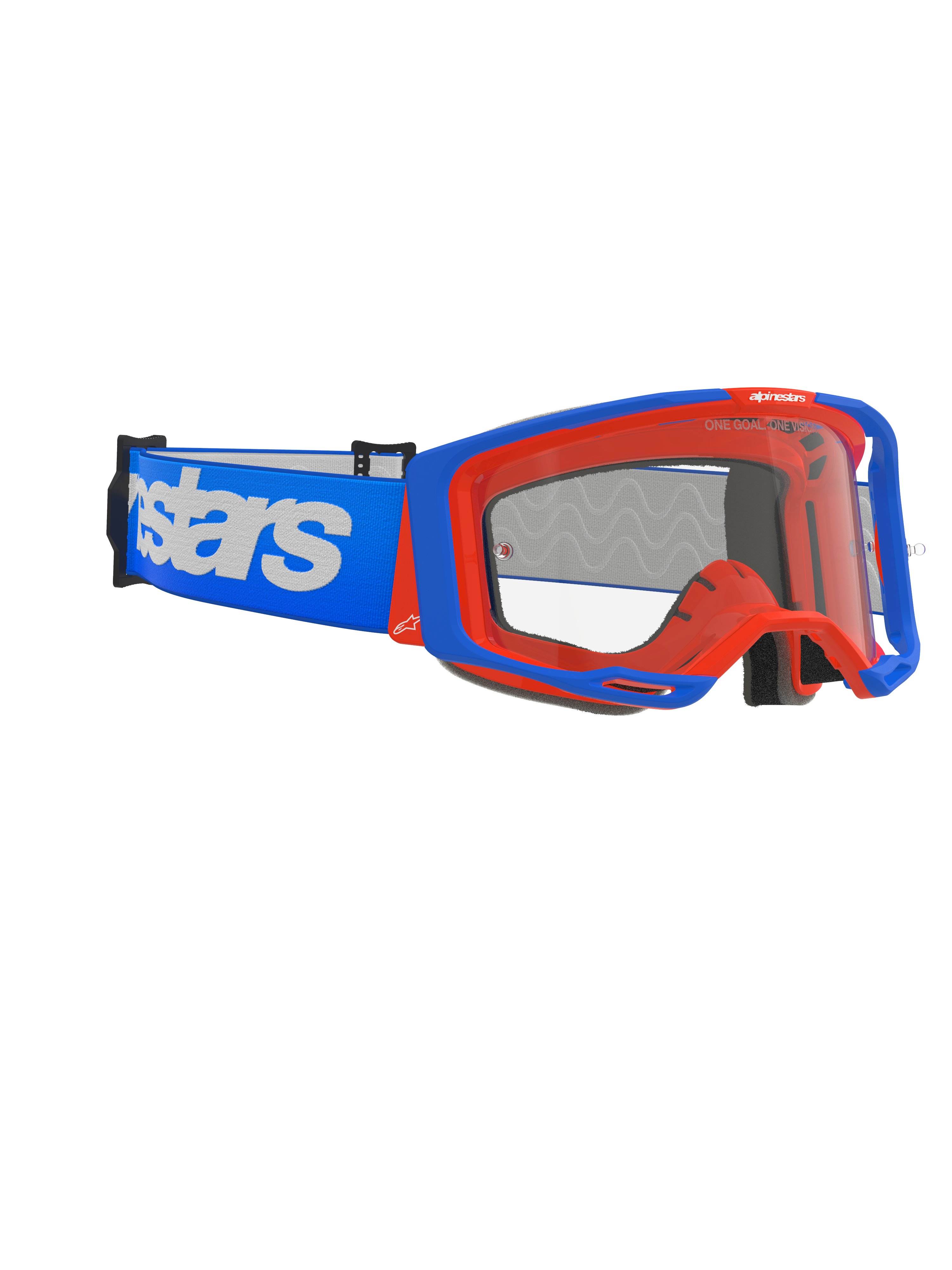 Óculos Alpinestars Vision 8 Wordmark, óculos de motocross, azul e laranja, lente transparente anti-embaciamento, correia larga azul com o logótipo Alpinestars em branco, armação angular com sistema de suporte, óculos de alto desempenho para competição fora de estrada