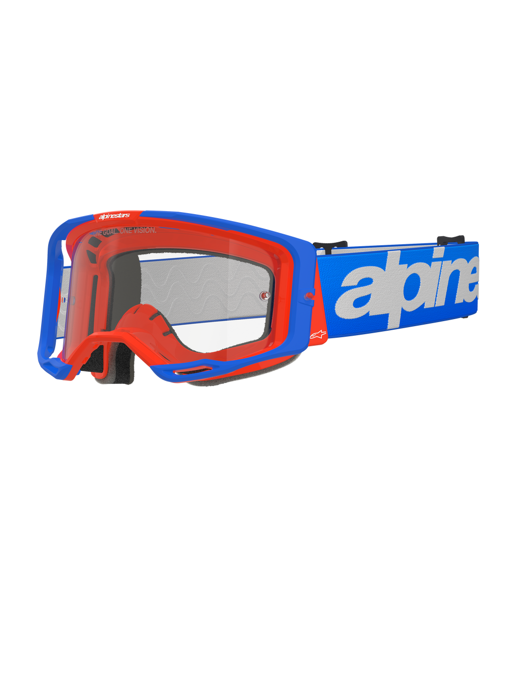 Óculos Alpinestars Vision 8 Wordmark, óculos de motocross, azul e laranja, lente transparente, correia azul larga com logótipo Alpinestars branco, acolchoamento de espuma preta, design desportivo com aberturas de ventilação visíveis para desempenho em todo-o-terreno