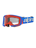 Óculos Alpinestars Vision 8 Wordmark, óculos de motocross, azul e laranja, lente transparente, correia azul larga com logótipo Alpinestars branco, acolchoamento de espuma preta, design desportivo com aberturas de ventilação visíveis para desempenho em todo-o-terreno
