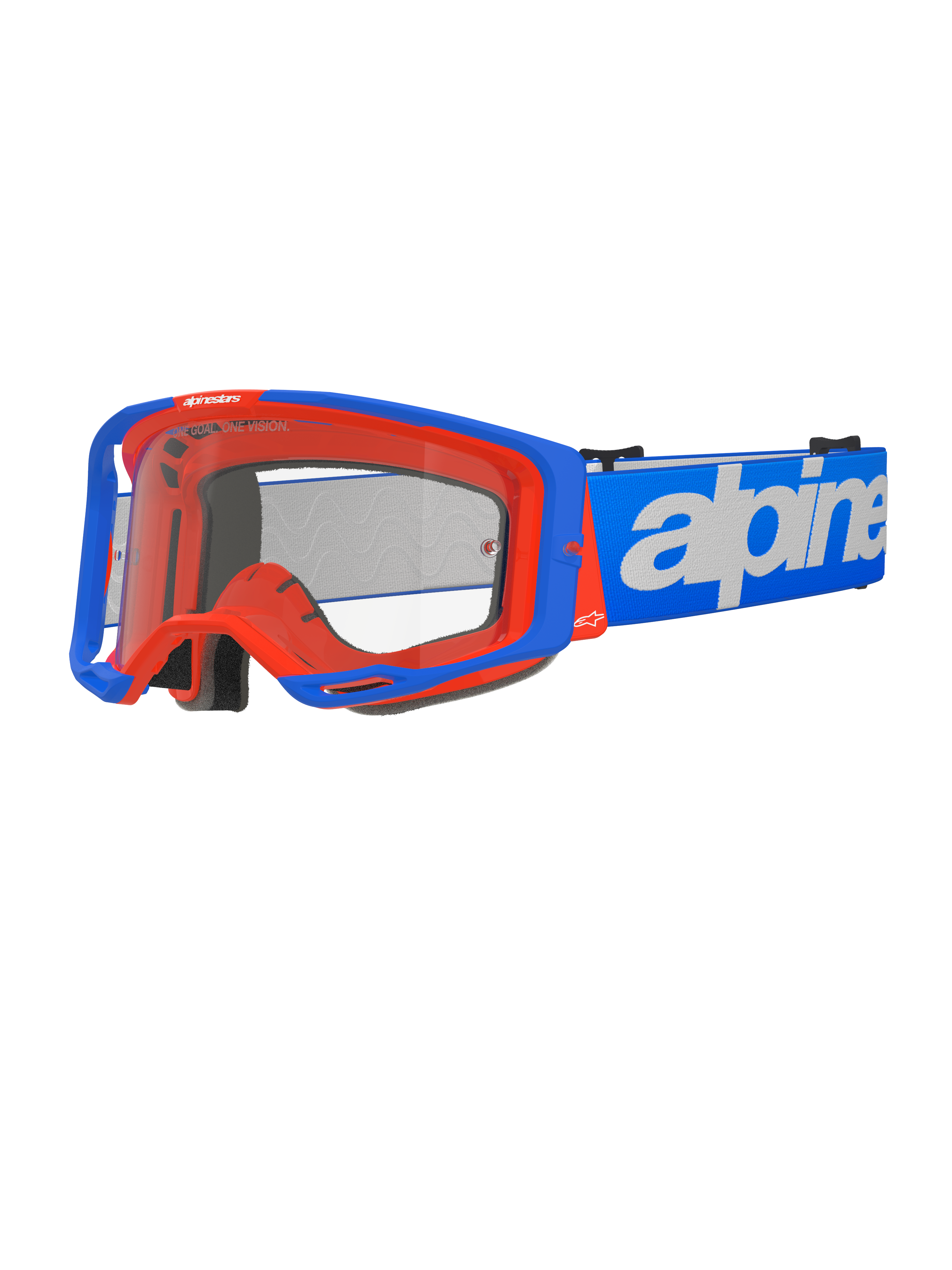 Óculos Alpinestars Vision 8 Wordmark, óculos de motocross, azul e laranja, lente transparente, correia azul larga com logótipo Alpinestars branco, acolchoamento de espuma preta, design desportivo com aberturas de ventilação visíveis para desempenho em todo-o-terreno