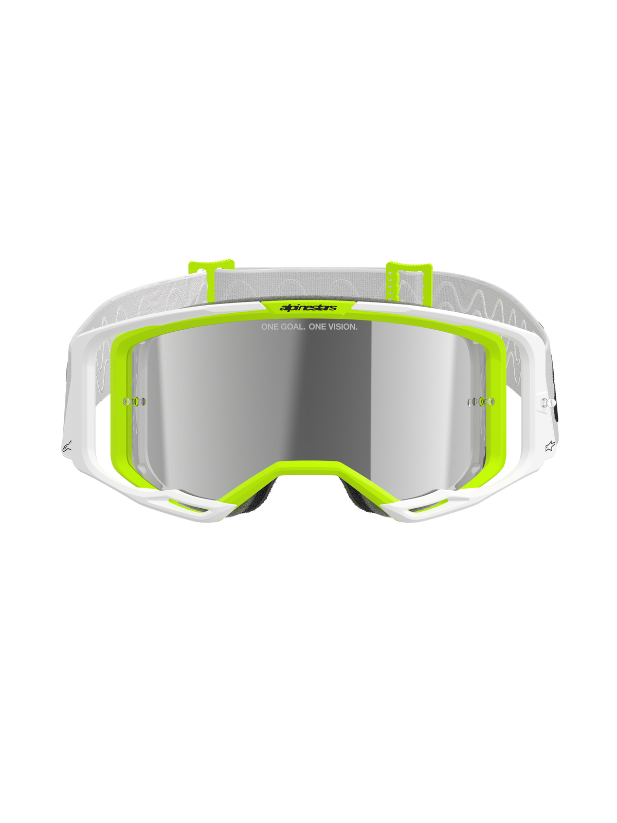 Óculos Alpinestars Vision 8 Wordmark, óculos de motocross, branco e amarelo néon, lente espelhada prateada com o texto 'ONE GOAL. ONE VISION.', amplo campo de visão, correia branca com pormenores cinzentos, óculos de alta performance para todo-o-terreno