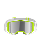 Óculos Alpinestars Vision 8 Wordmark, óculos de motocross, branco e amarelo néon, lente espelhada prateada com o texto 'ONE GOAL. ONE VISION.', amplo campo de visão, correia branca com pormenores cinzentos, óculos de alta performance para todo-o-terreno